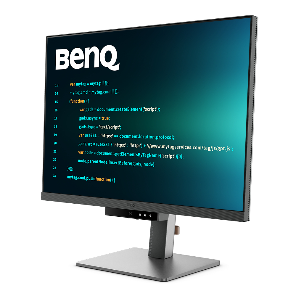 Ein BenQ-Monitor zeigt Code an. Der Bildschirm zeigt Text auf einem blau-grünen Hintergrund. Der Monitor steht auf einem silbernen Ständer.