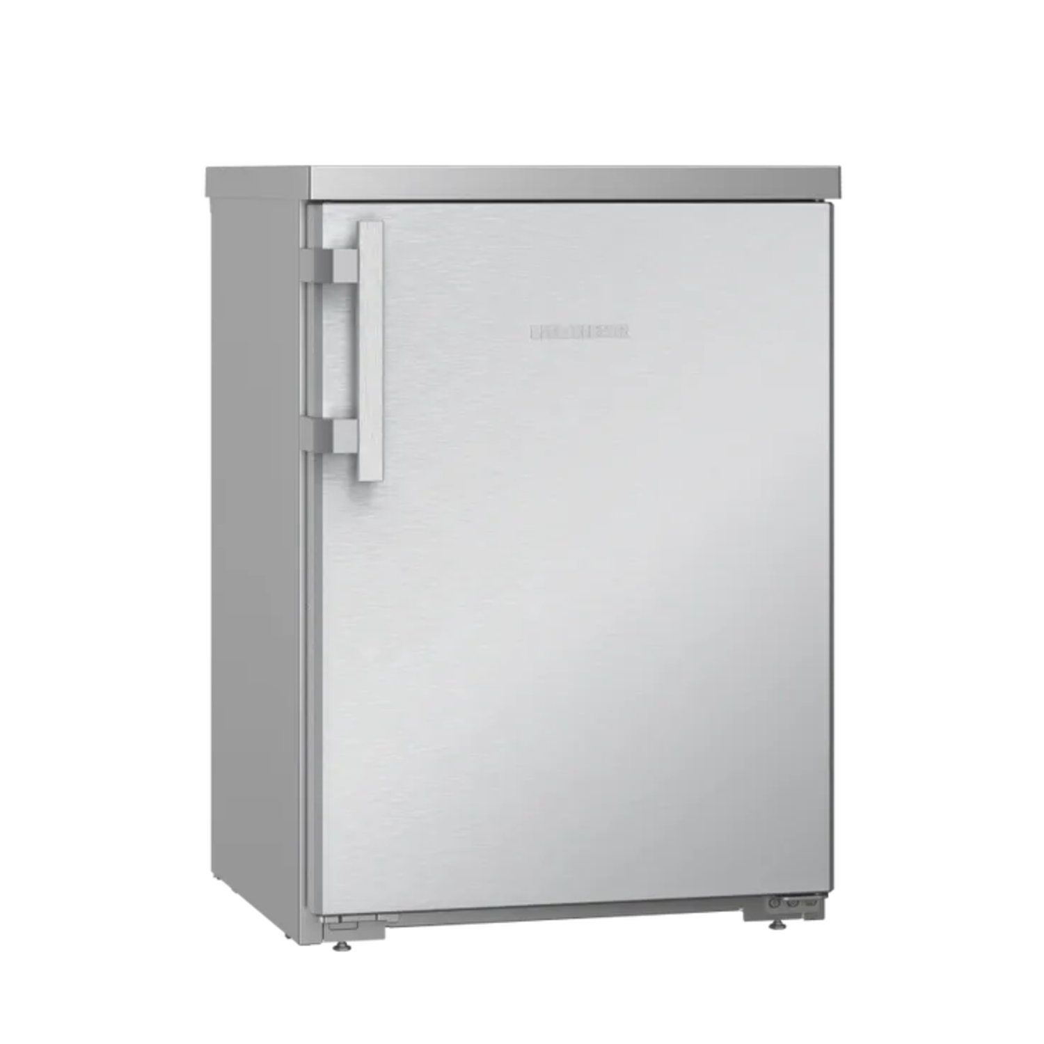 A stainless steel refrigerator stands against a black background. It has a handle on the left side and the brand name on the door.