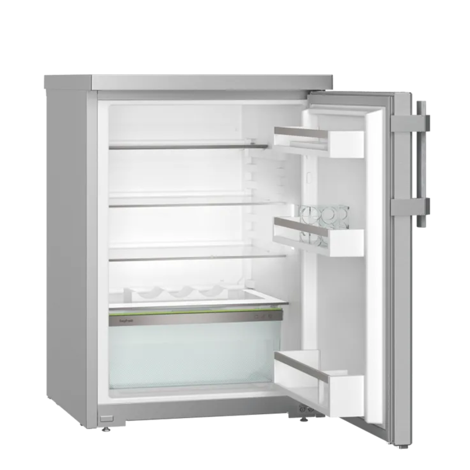 A stainless steel refrigerator with an open door, revealing shelves and a crisper drawer. The interior is white, the door is open.
