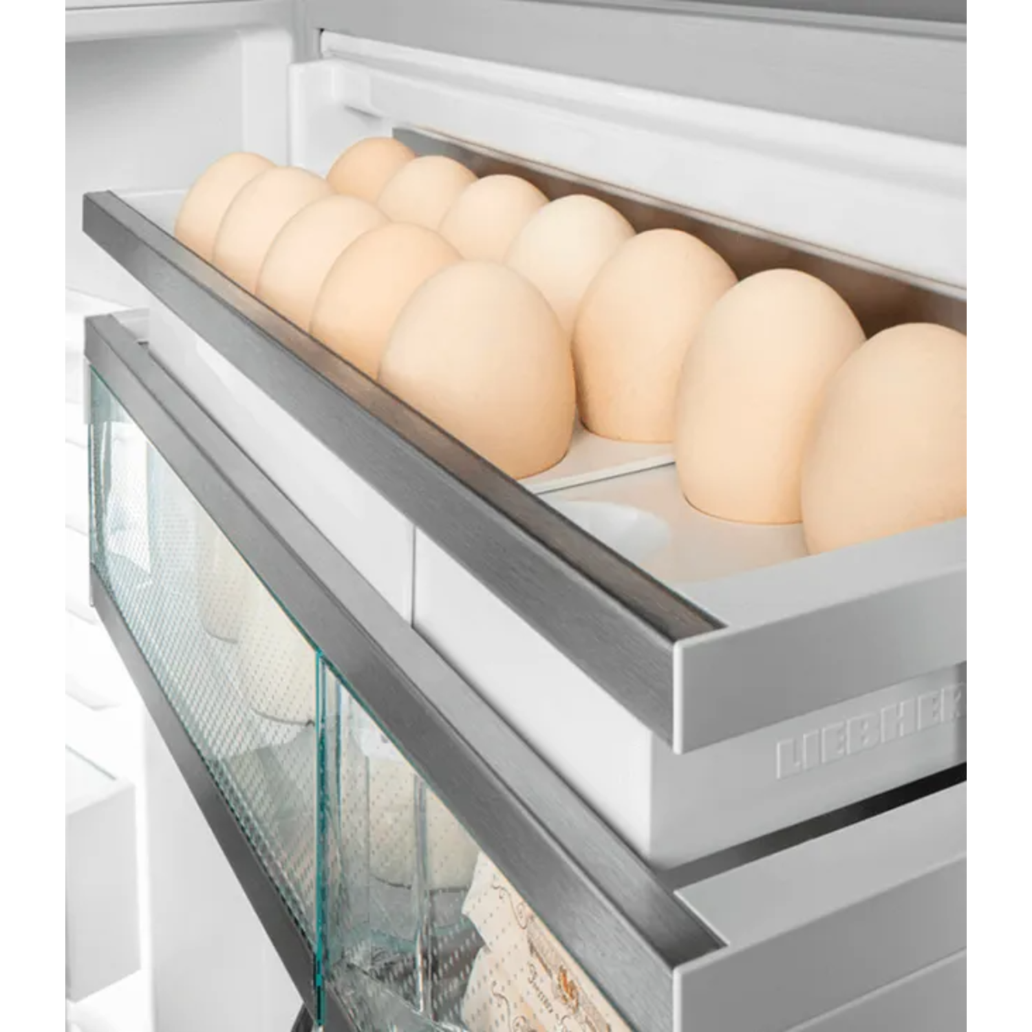 A refrigerator shelf holds a row of beige eggs. Below, a glass shelf contains paper and a logo. The fridge has silver frames.