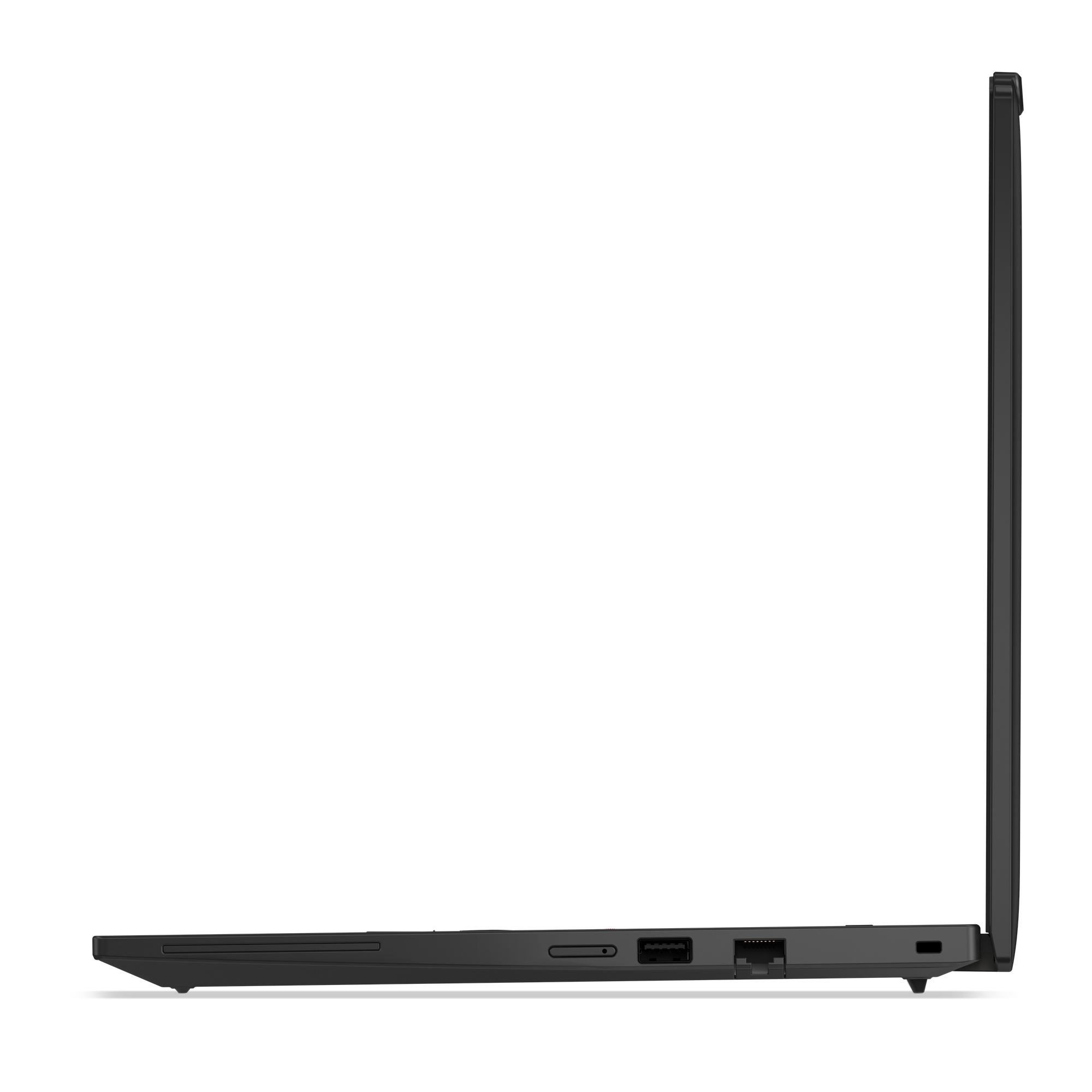 Seitenansicht eines geschlossenen schwarzen Laptops. Anschlüsse sind sichtbar. Bildschirm rechts. Schwarzer Hintergrund.