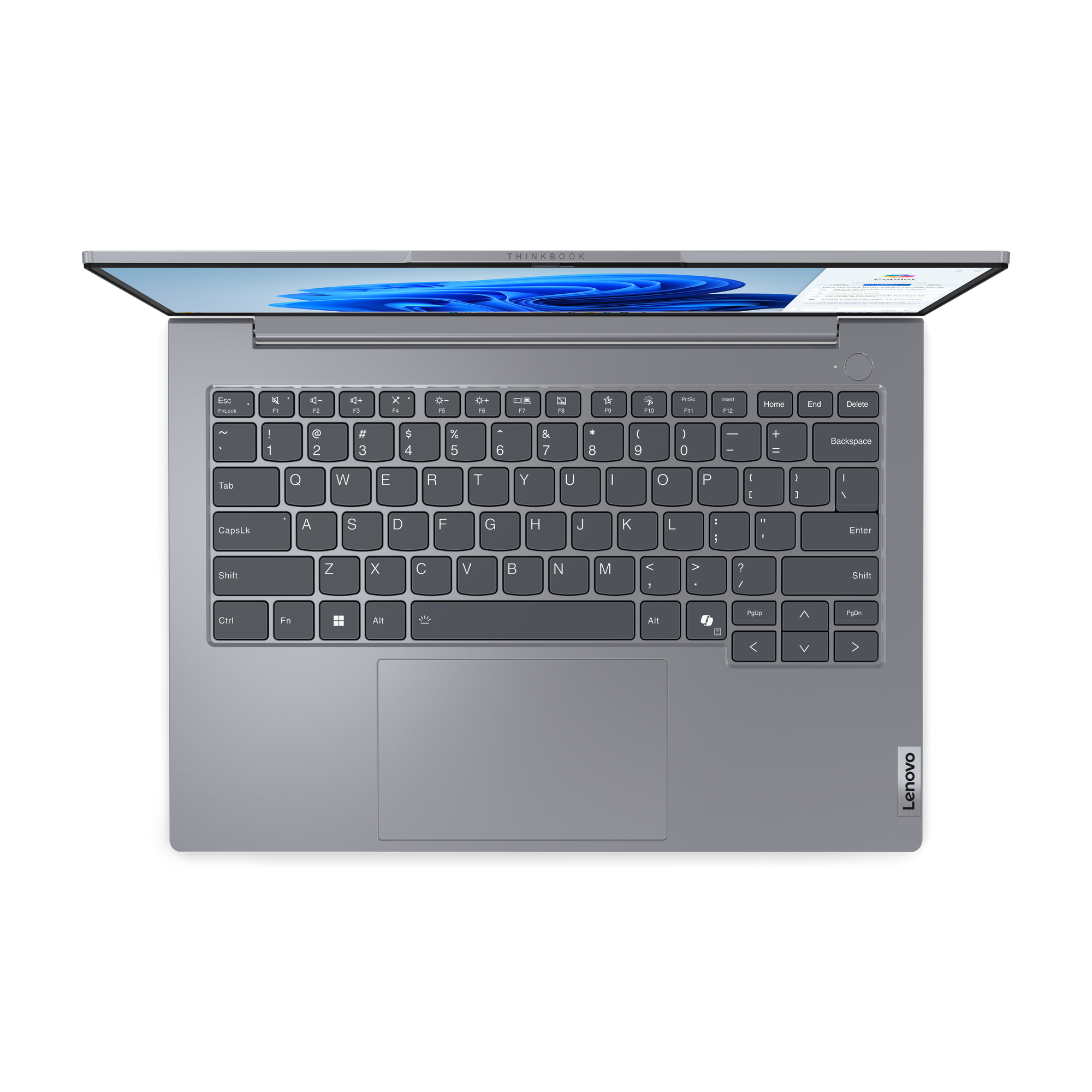 Szary laptop Lenovo ThinkBook, otwarty na czarnym tle. Klawiatura widoczna, ekran z niebieskim tłem.