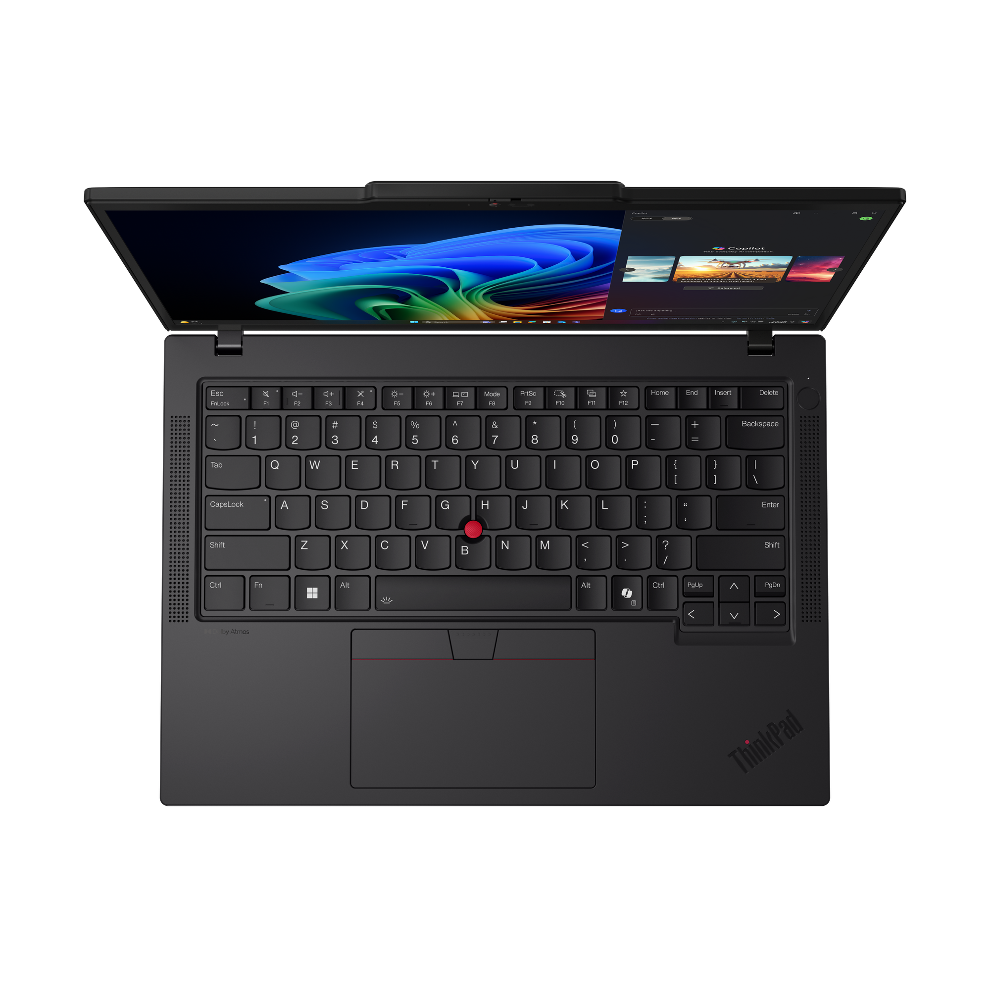 Draufsicht auf ein offenes schwarzes ThinkPad-Laptop. Der Bildschirm zeigt eine Oberfläche. Tastatur und Touchpad sind sichtbar.