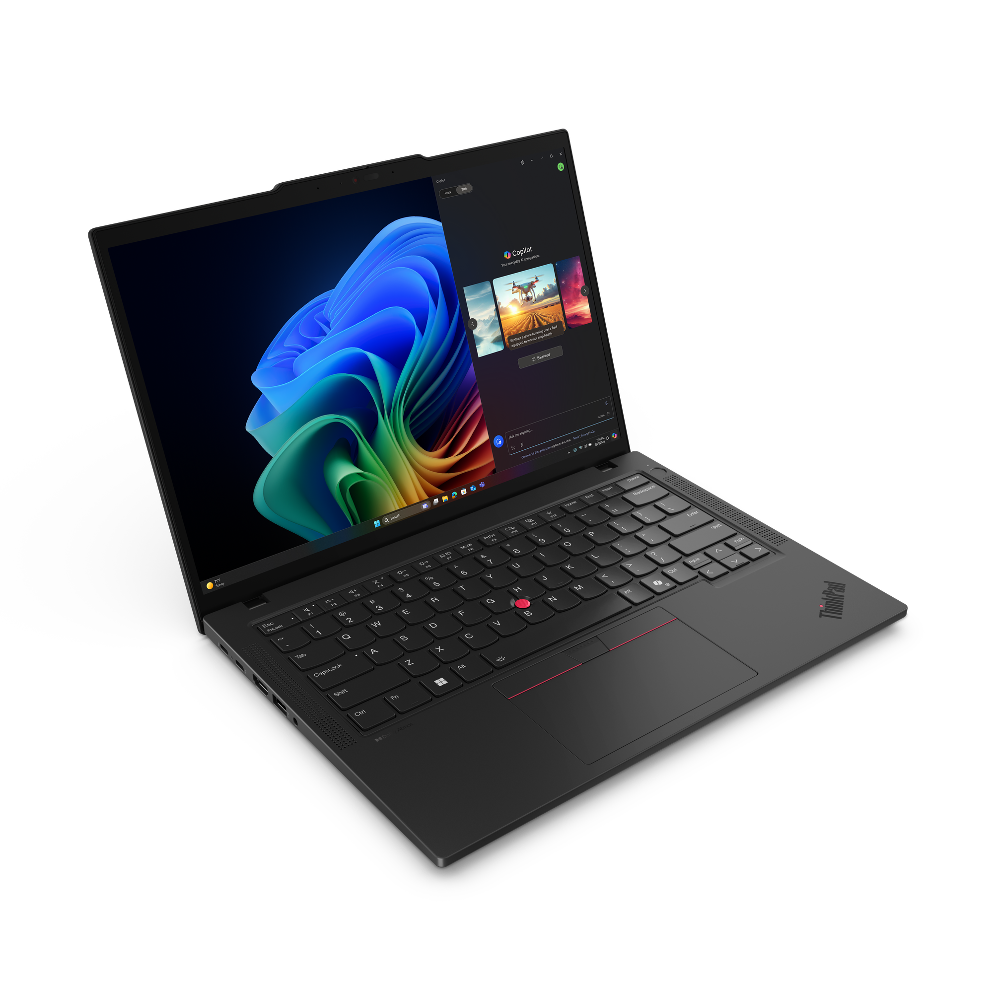 Schwarzer Laptop offen, mit farbenfrohem, abstraktem Bild auf dem Bildschirm. Tastatur und Trackpad sichtbar. Schwarzer Hintergrund.