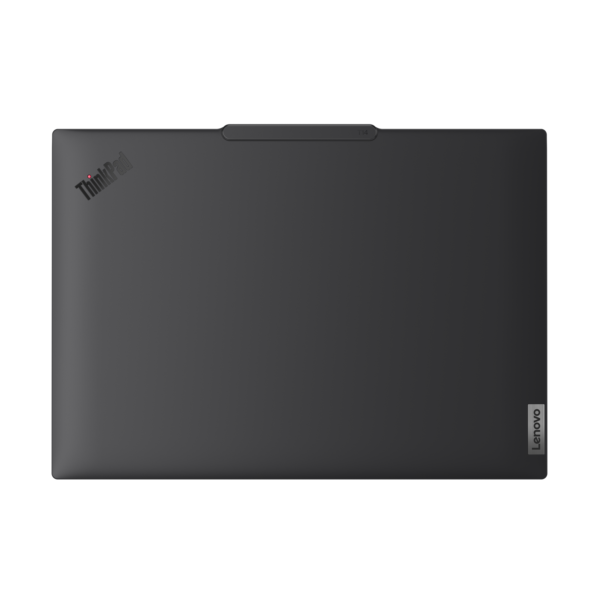 Dunkelgrauer ThinkPad-Laptopdeckel auf schwarzem Hintergrund. Lenovo-Logo rechts und ThinkPad-Logo links.