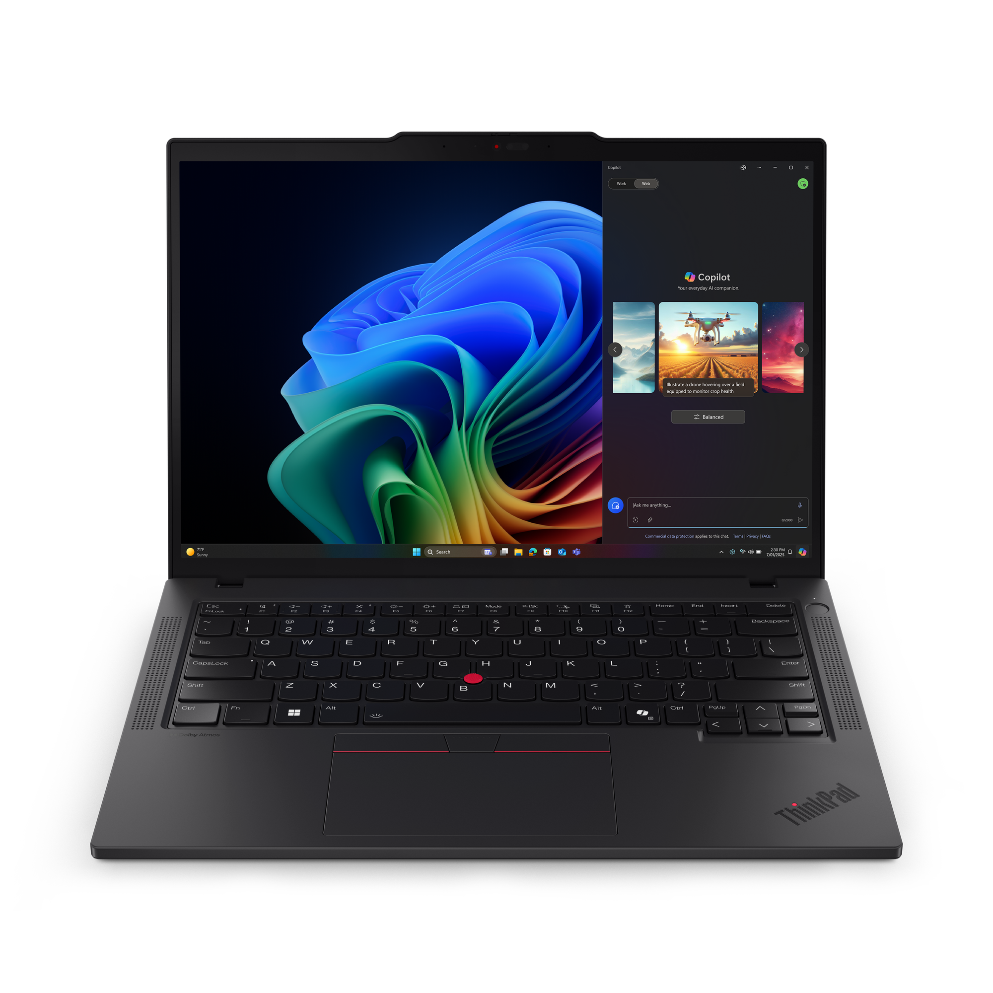 Ein schwarzer Laptop zeigt einen farbenfrohen Bildschirm mit Copilot. Die Tastatur ist sichtbar, das ThinkPad-Logo ist vorhanden.