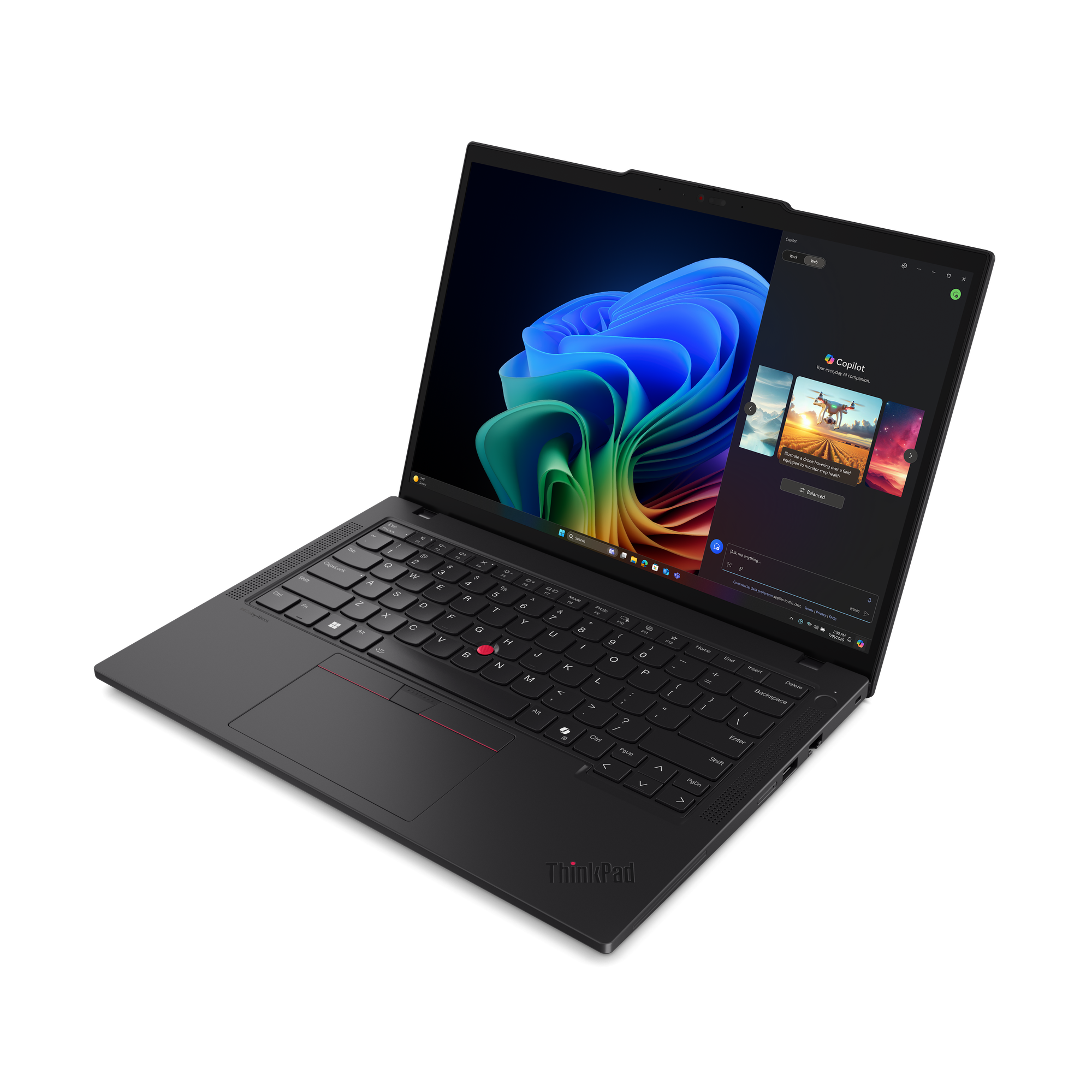 Ein schwarzes ThinkPad-Laptop ist geöffnet und zeigt ein farbenfrohes abstraktes Bild. Ein Copilot-Fenster ist geöffnet.