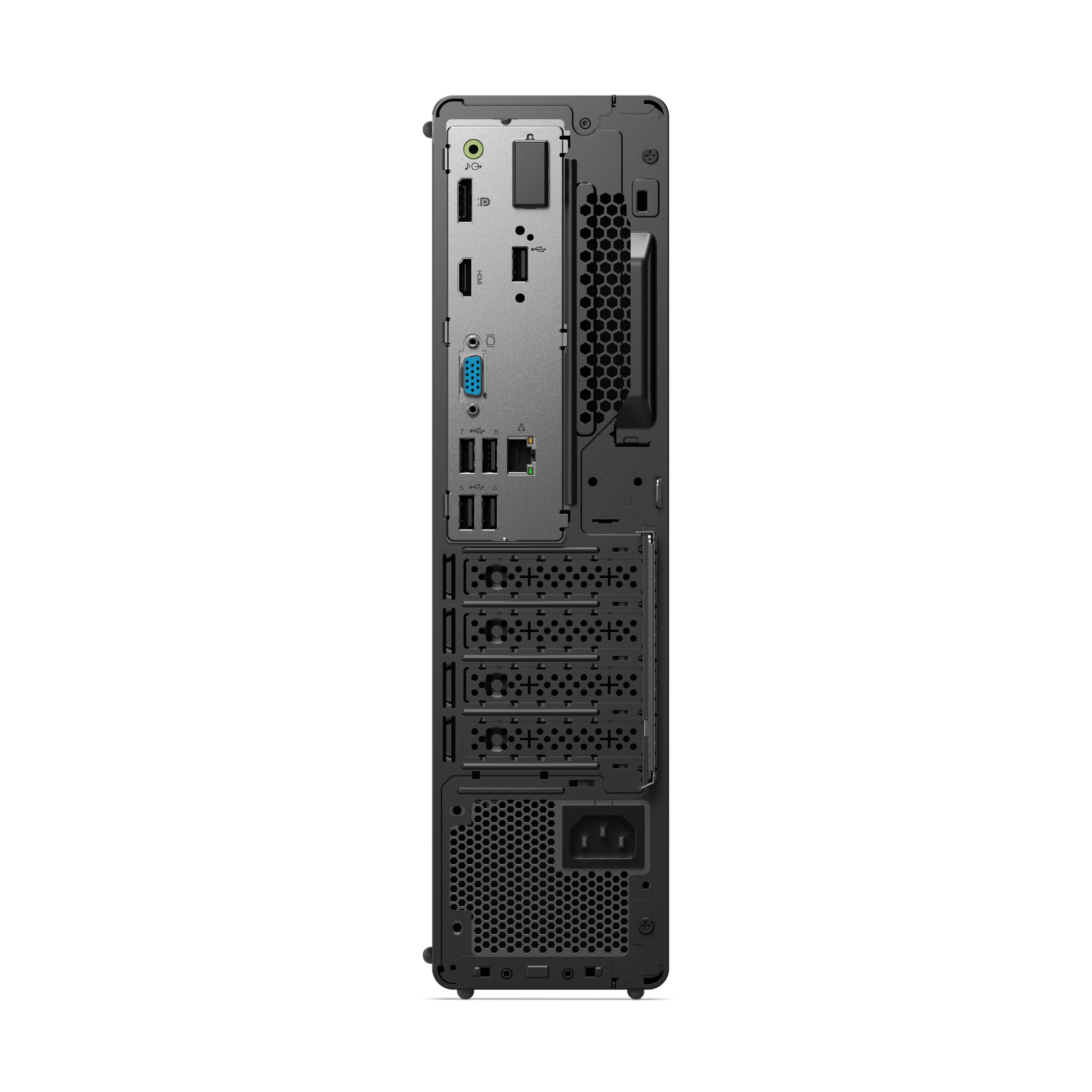 Czarna obudowa komputera z portami, gniazdami i uchwytem. Posiada gniazda audio, USB, HDMI i wejście zasilania.