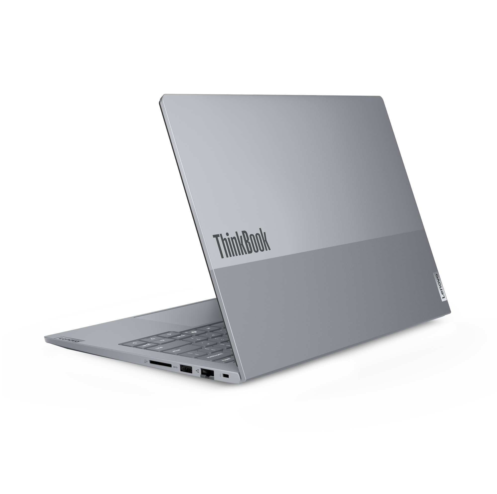 Szary laptop Lenovo ThinkBook na czarnym tle, lekko otwarty, z logo ThinkBook.