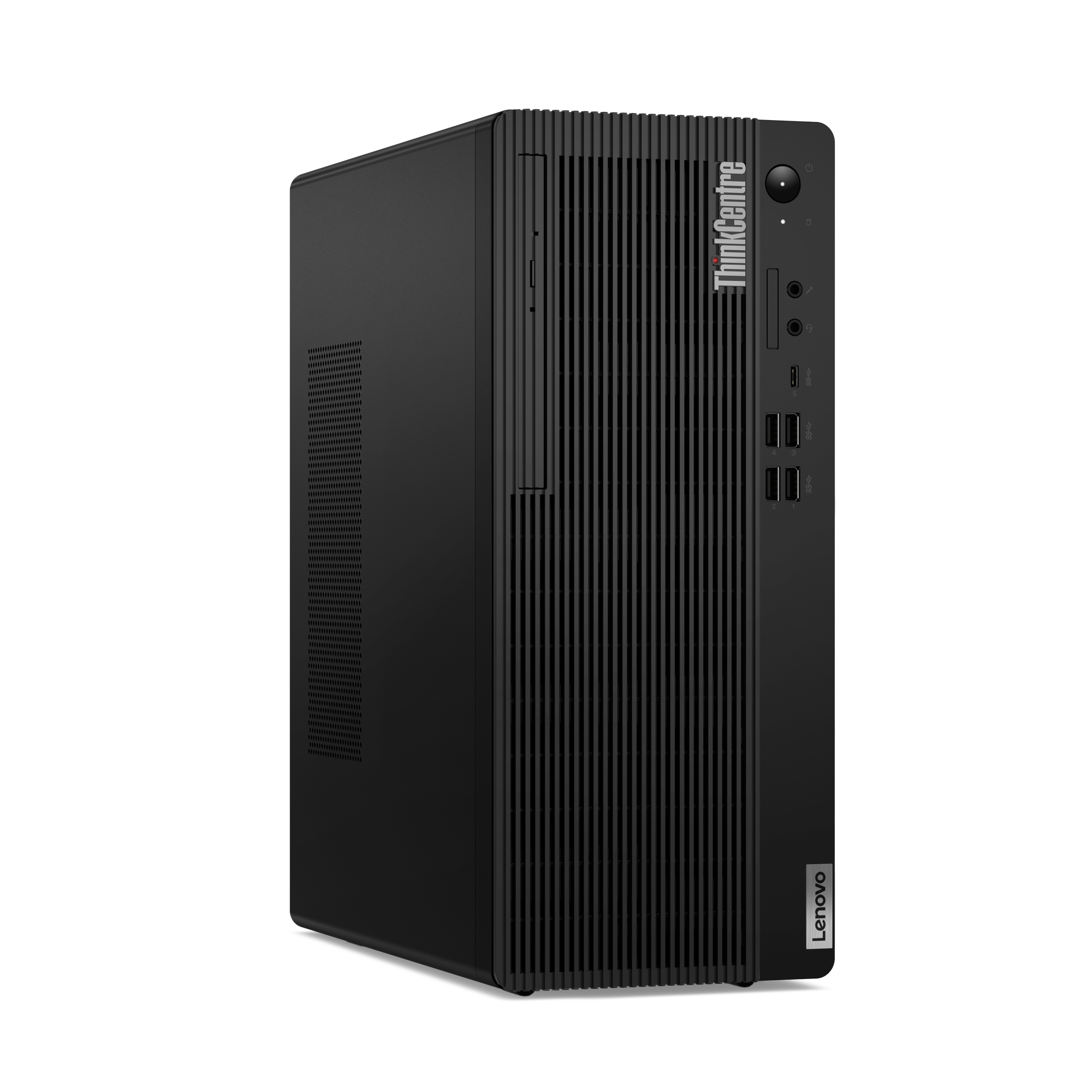 Ein schwarzer Lenovo ThinkCentre Desktop-Computer. Die Vorderseite hat vertikale Linien. Lenovo-Logo sichtbar.