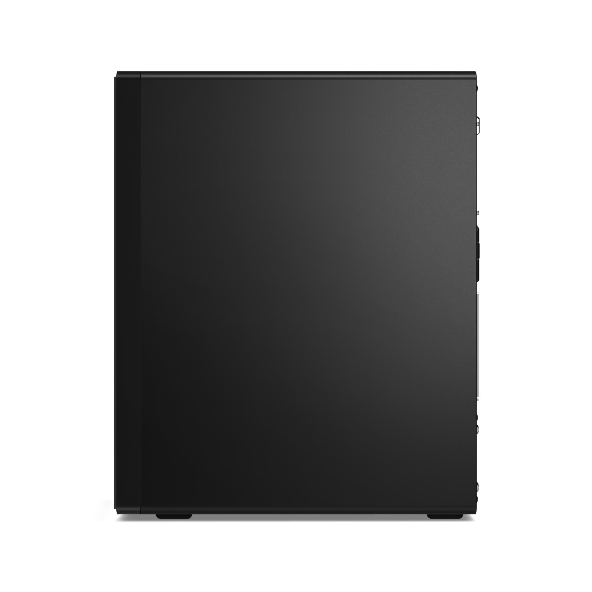 Ein schwarzes Desktop-Computergehäuse wird von der Seite gezeigt. Das Gehäuse ist rechteckig mit glatter Oberfläche und einigen Anschlüssen.