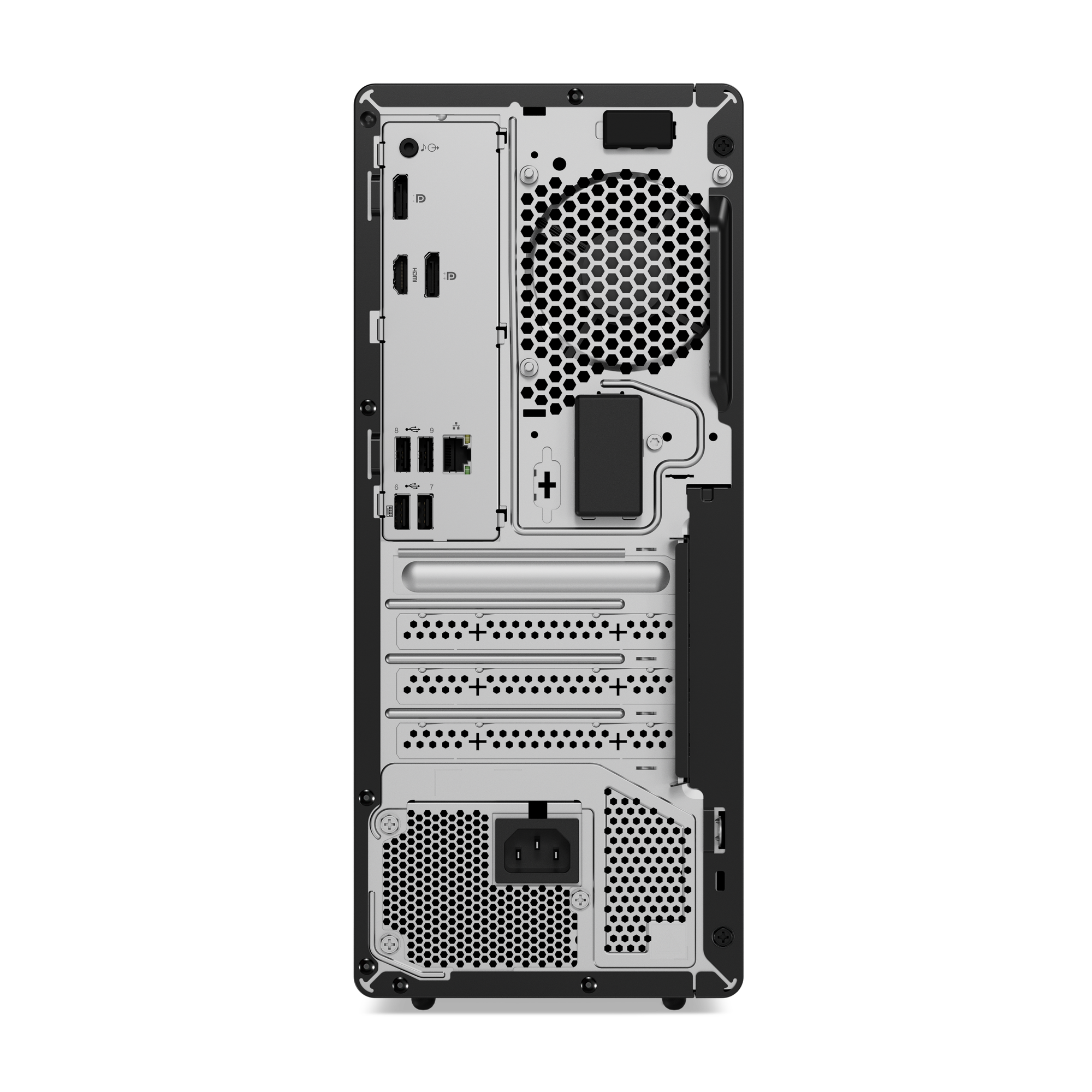 Rückansicht eines Computergehäuses. Es hat Anschlüsse, Lüftungsschlitze, einen Netzanschluss und einen Lüfter. Es ist ein schwarz-silbernes Computergehäuse.