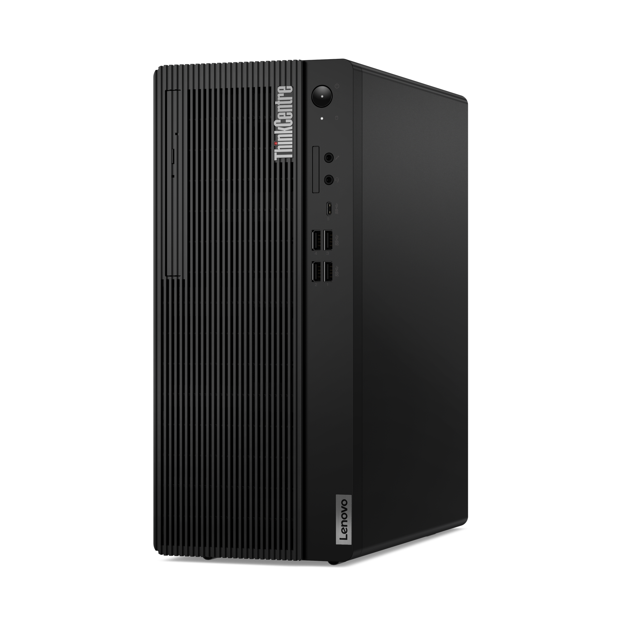 Schwarzer Lenovo ThinkCentre Desktop-Computer. Hat vertikale Linien auf der Vorderseite. Lenovo-Logo unten. ThinkCentre oben.