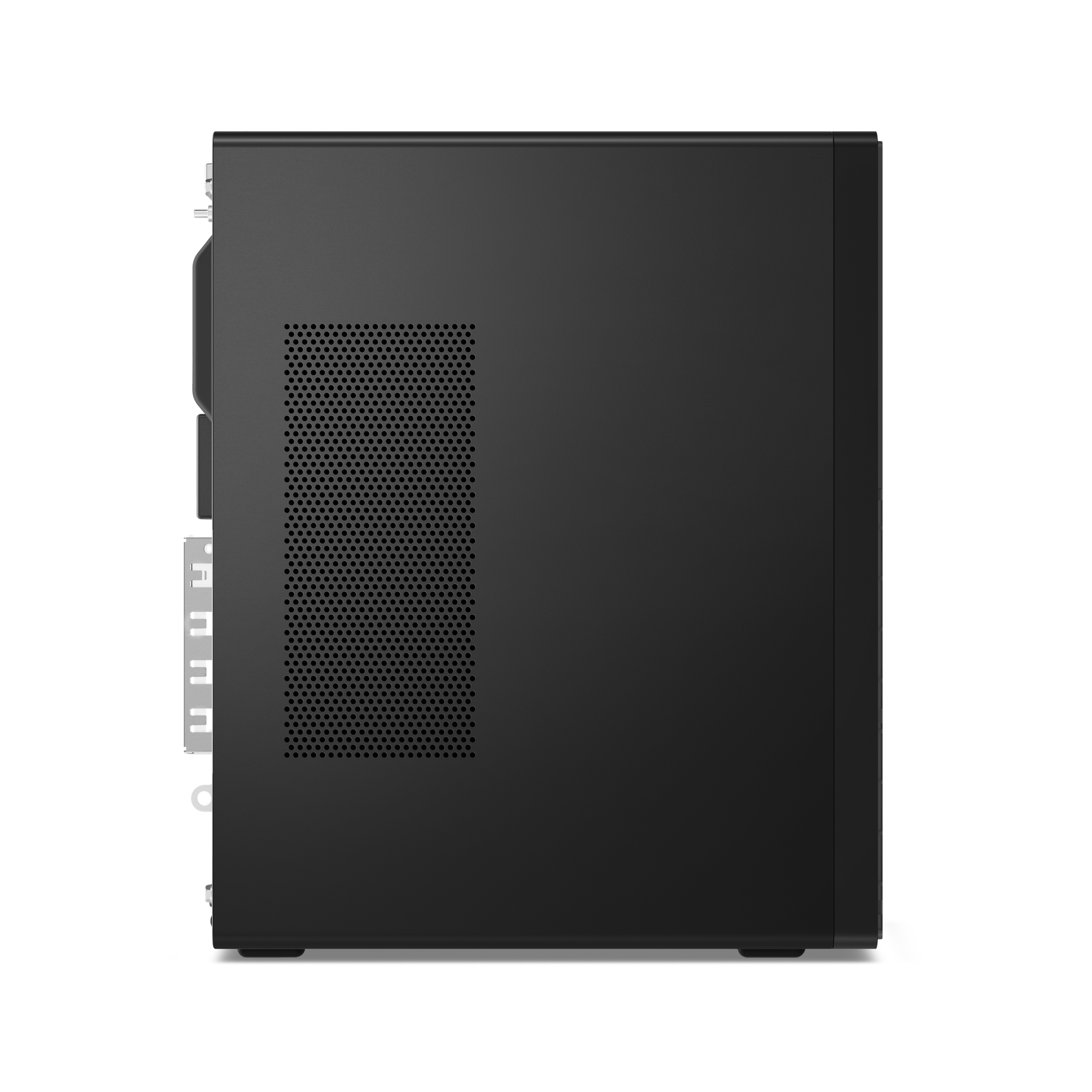 Seitenansicht eines schwarzen Computerturms. Es hat eine perforierte Seitenwand und verschiedene Anschlüsse.