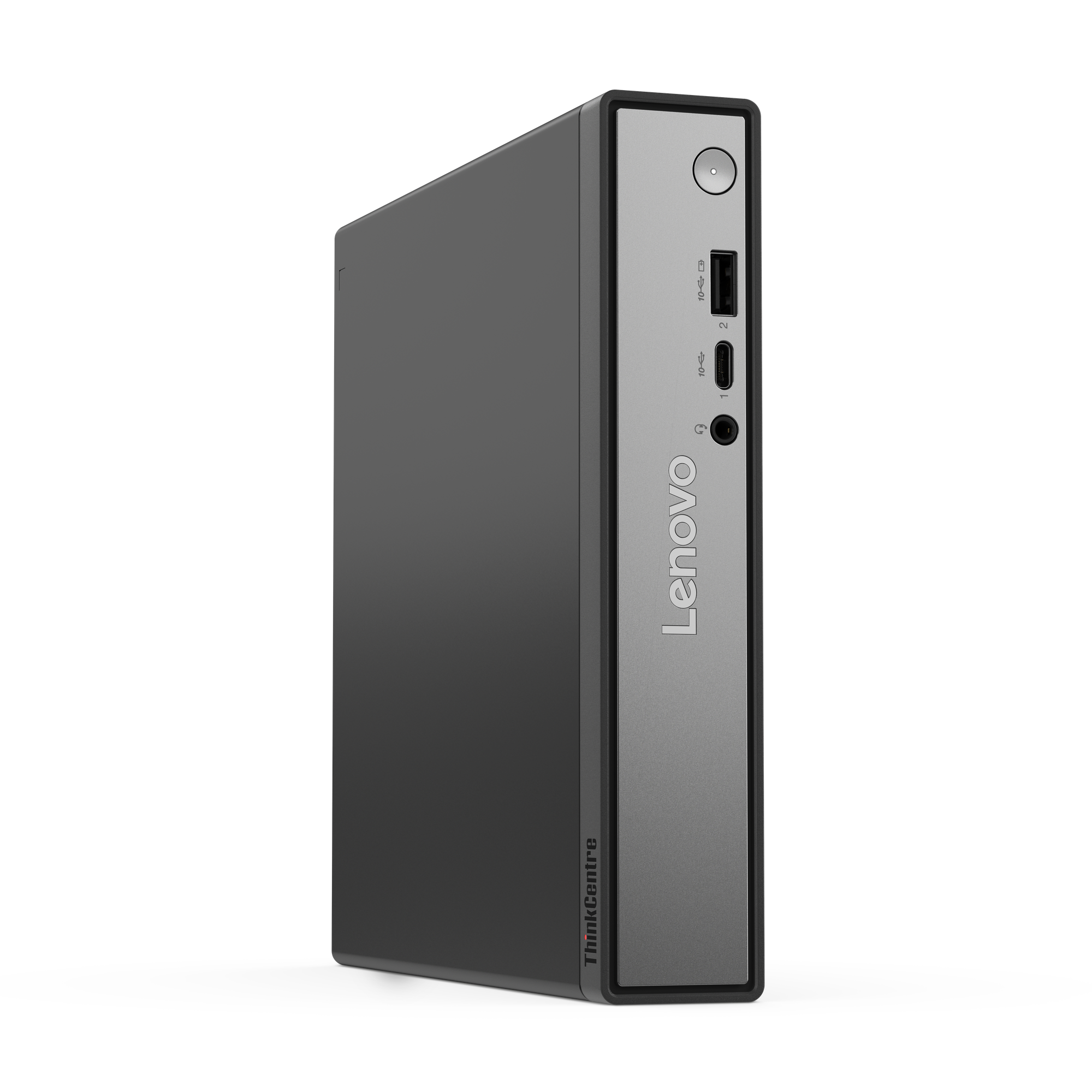 Ein Lenovo ThinkCentre PC auf schwarzem Hintergrund. Er ist dunkelgrau mit dem Lenovo-Logo. Anschlüsse und Knöpfe sind sichtbar.