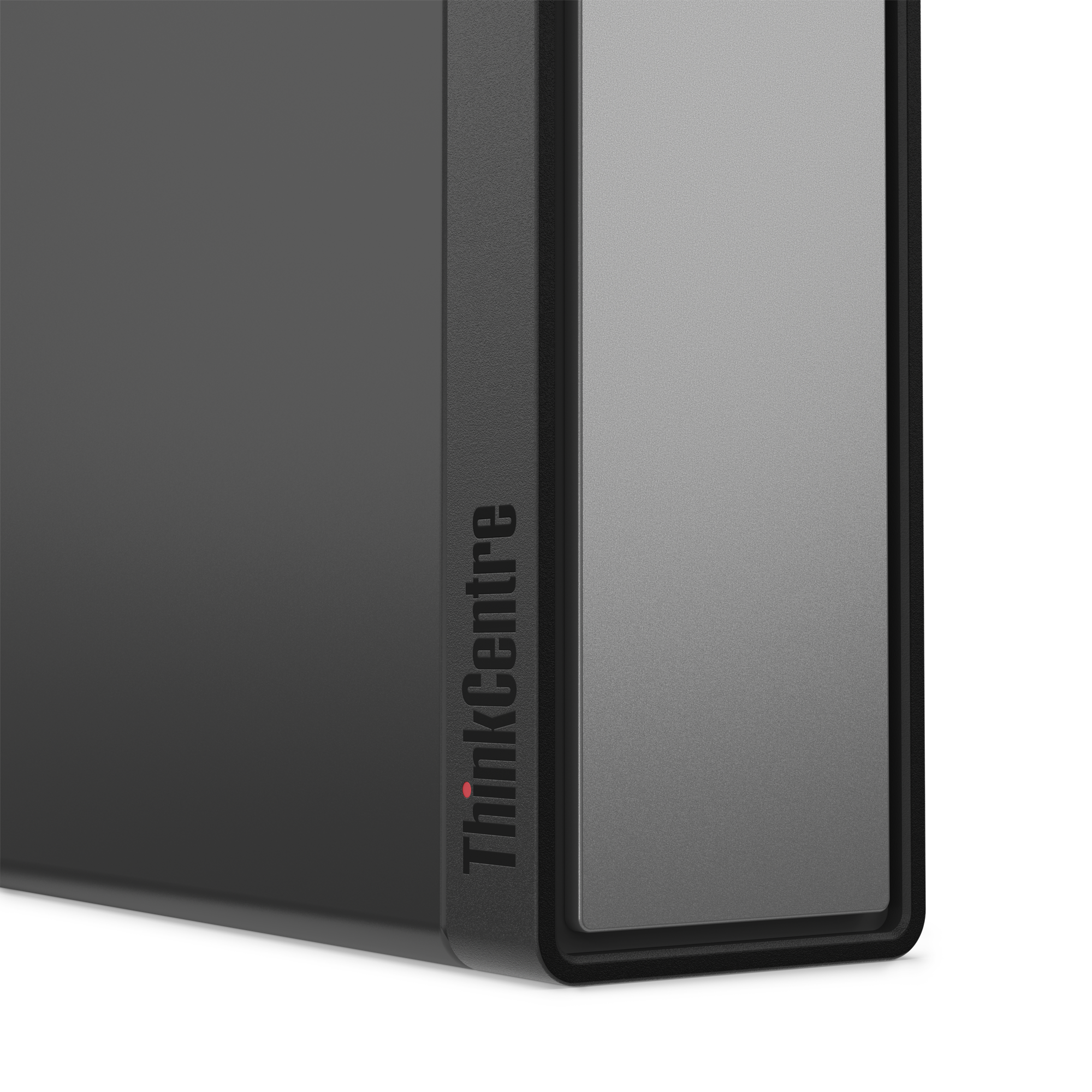 Nahaufnahme eines schwarzen ThinkCentre-Desktop-Computers. Das ThinkCentre-Logo ist sichtbar. Der Hintergrund ist schwarz.