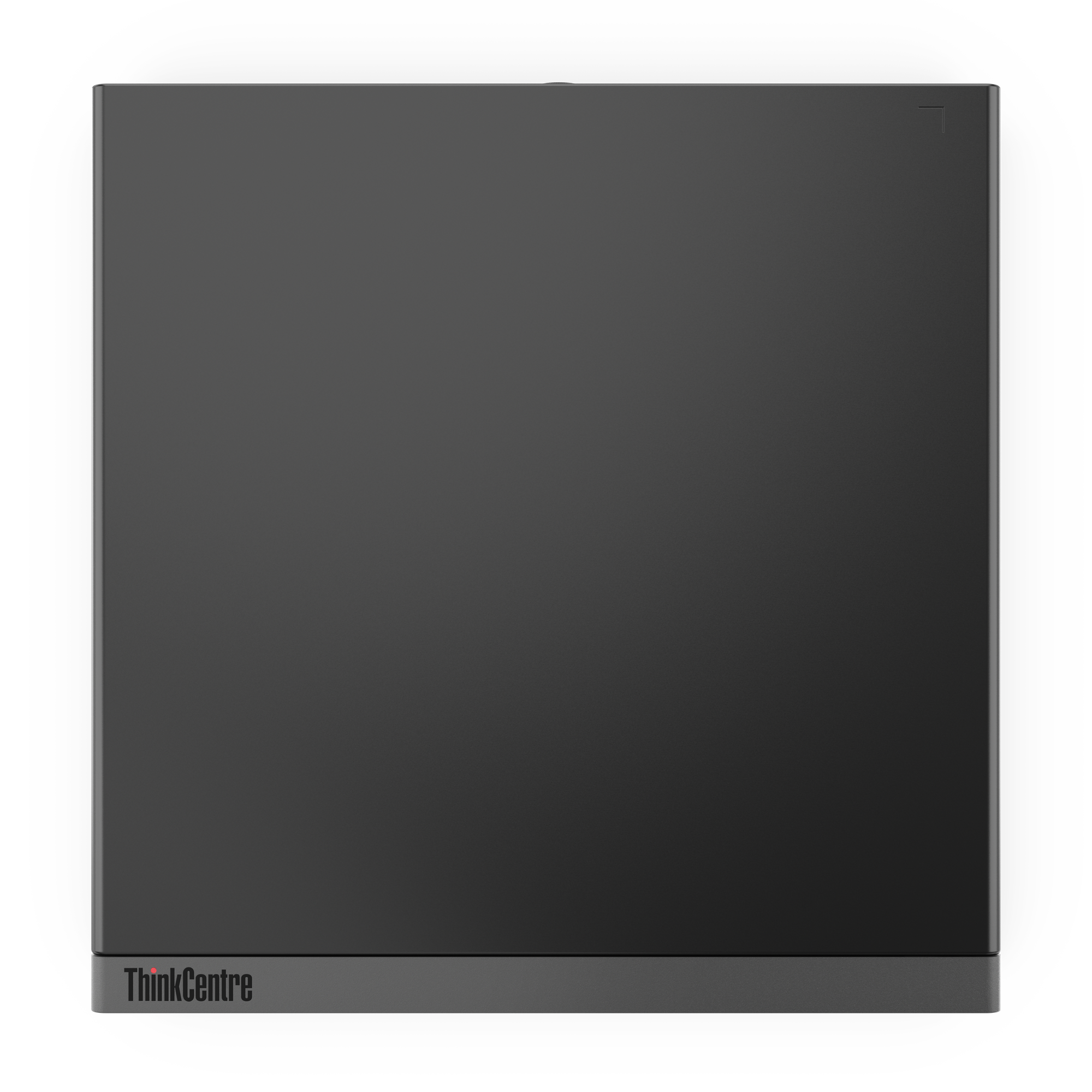 Ein dunkler Computergehäuse mit ThinkCentre-Logo.