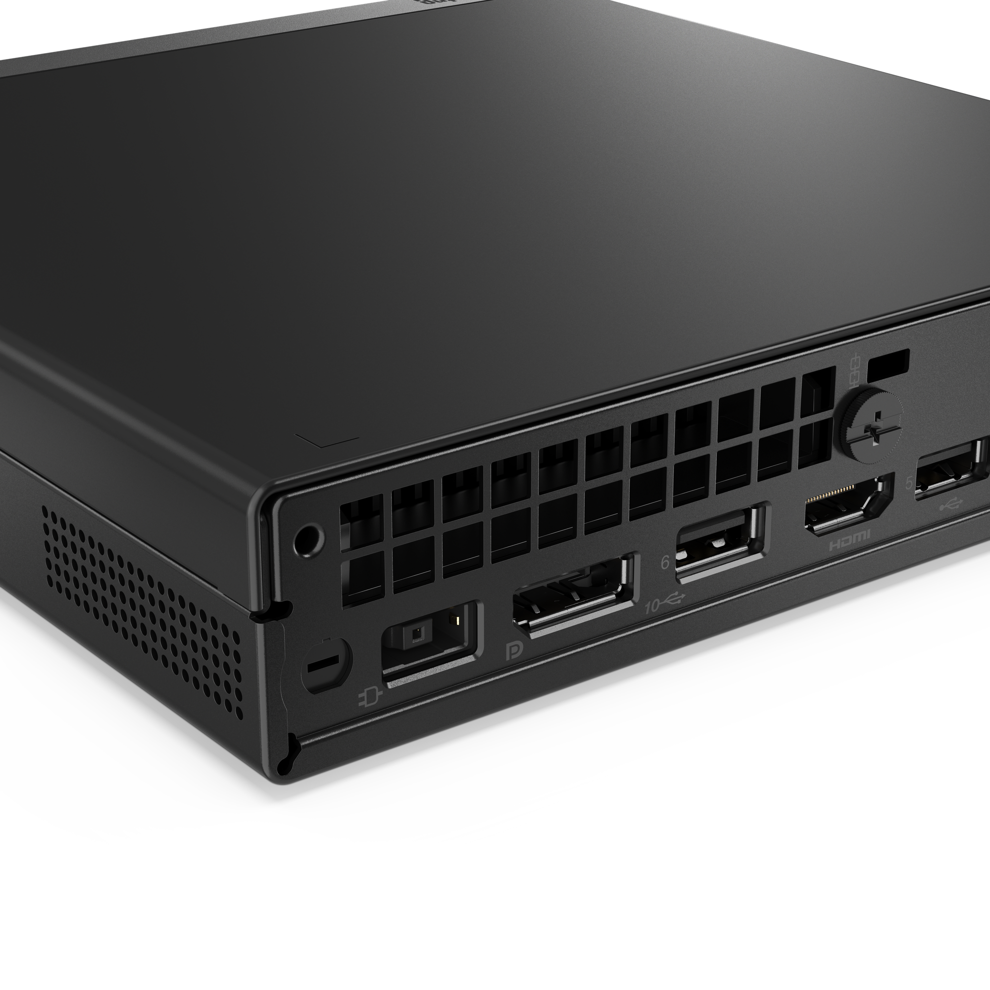 Nahaufnahme eines schwarzen Computers. Es hat mehrere Anschlüsse und ein gitterartiges Lüftungsgitter.