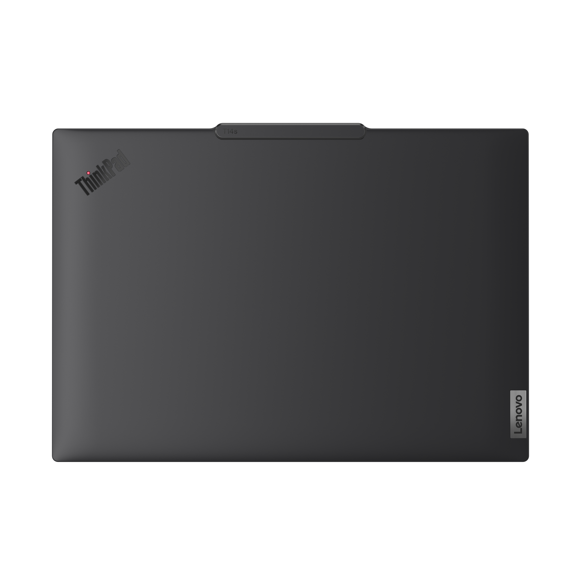 Ein dunkelgrauer Laptop mit dem ThinkPad-Logo oben links und dem Lenovo-Logo unten rechts.