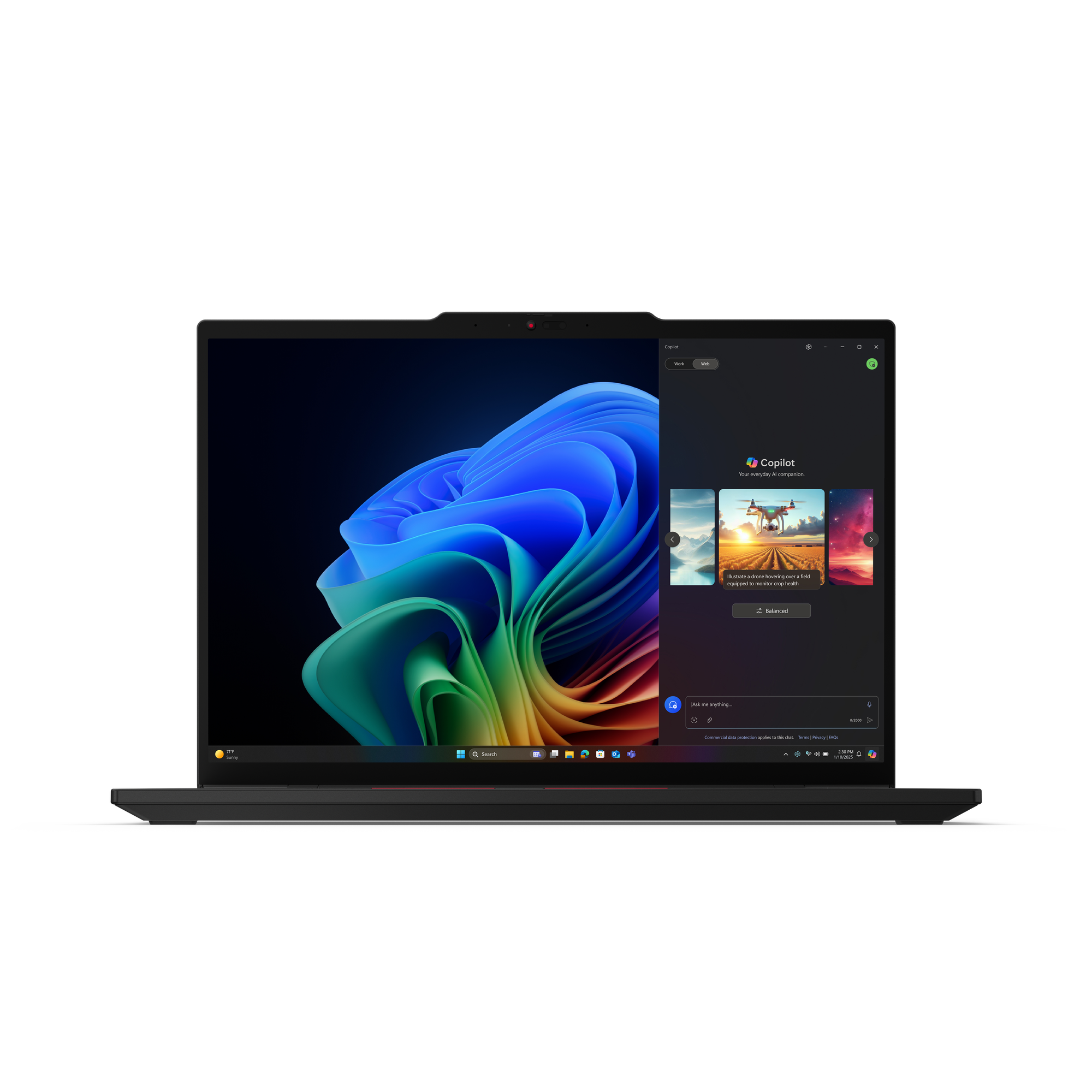 Ein Laptop zeigt Copilot mit einem Drohnenbild. Der Bildschirm hat einen bunten, abstrakten Hintergrund und einen schwarzen Rahmen.