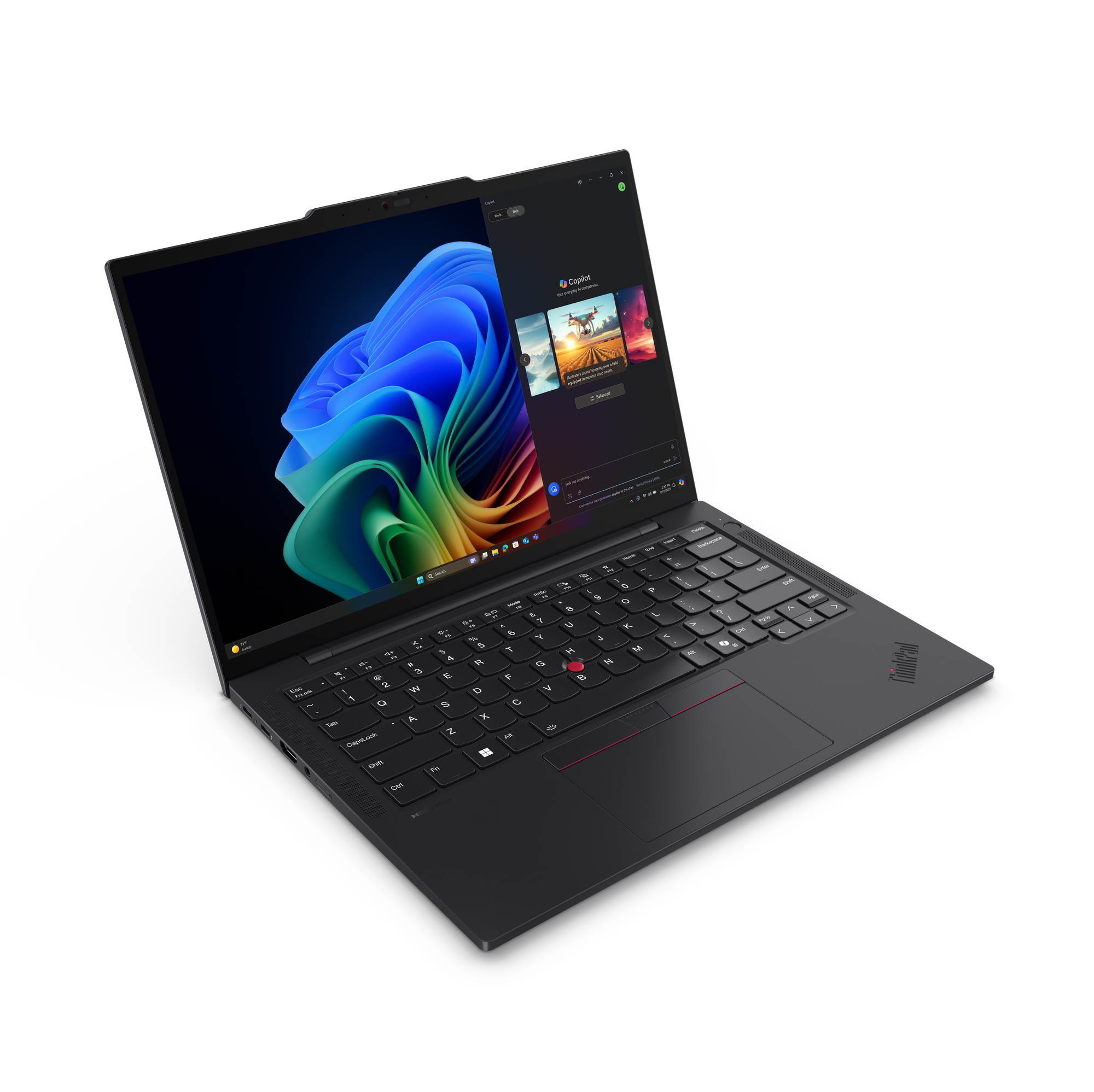 Ein schwarzer Laptop ist geöffnet und zeigt eine App-Oberfläche. Die Tastatur ist sichtbar. Der Hintergrund ist schwarz.
