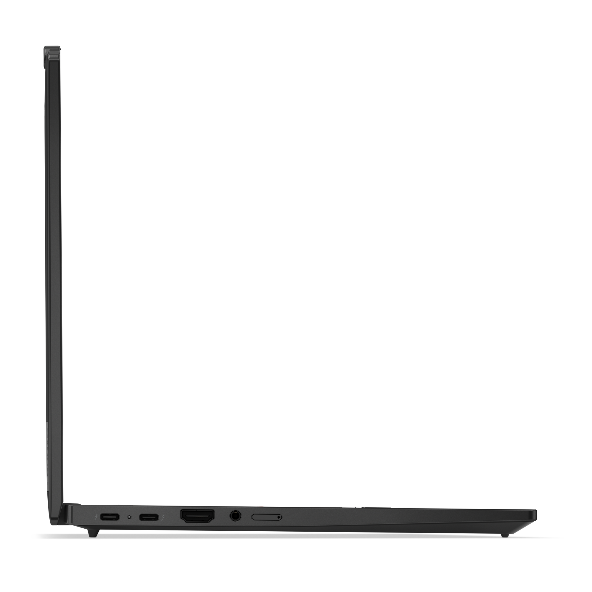 Seitenansicht eines geschlossenen schwarzen Laptops. Anschlüsse sichtbar: USB-C, HDMI und Kopfhöreranschluss. Schwarzer Hintergrund.