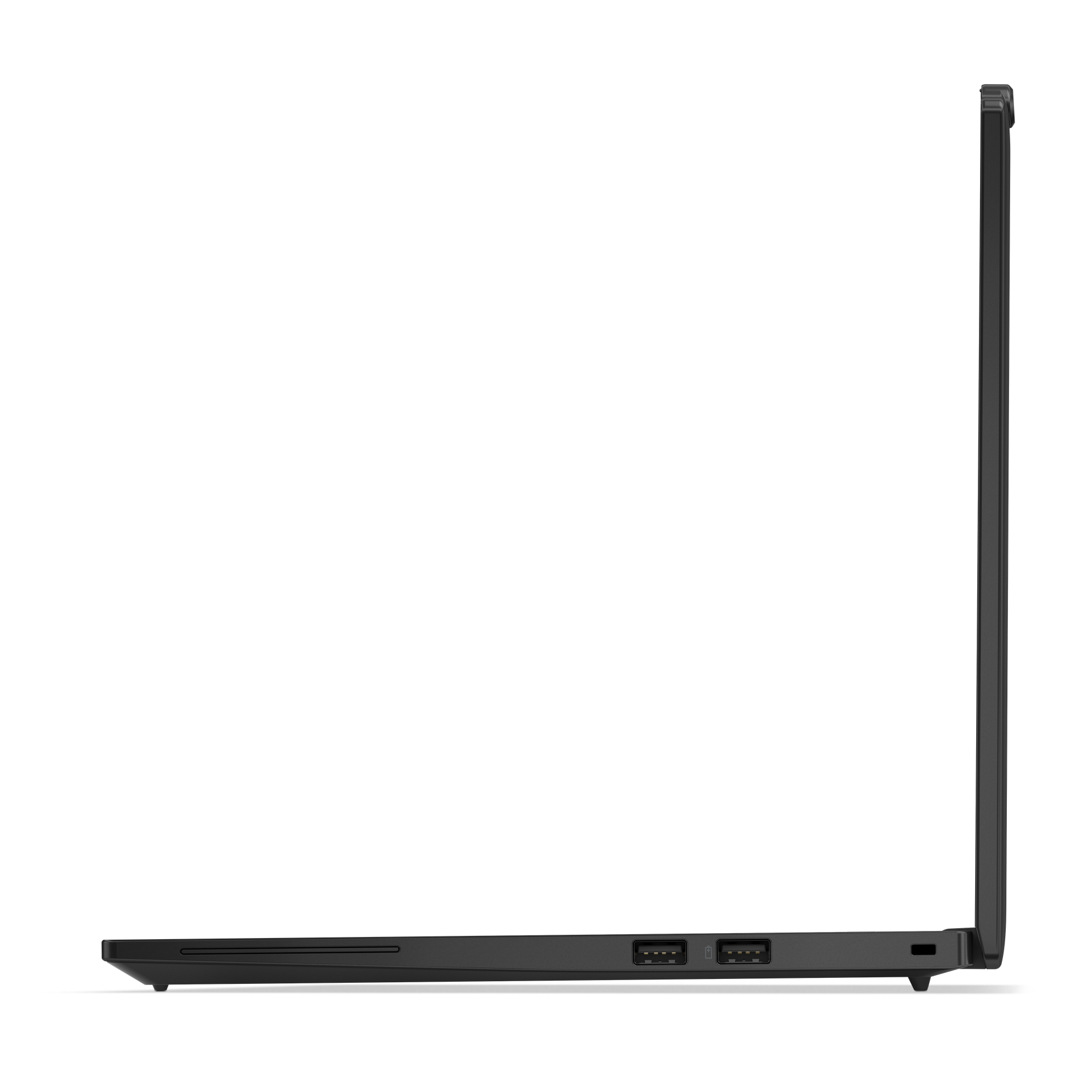 Seitenansicht eines schwarzen Laptops. Sichtbar sind Anschlüsse, der Bildschirm und der geschlossene Deckel. Der Hintergrund ist schwarz.