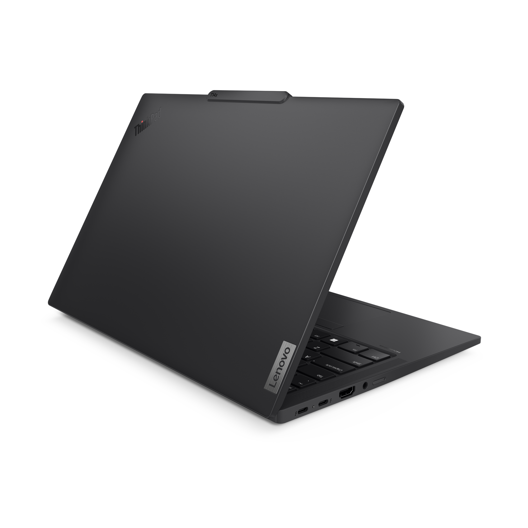 Ein dunkelgrauer Lenovo ThinkPad-Laptop ist geöffnet. Tastatur und Anschlüsse sind sichtbar. Der Hintergrund ist schwarz.