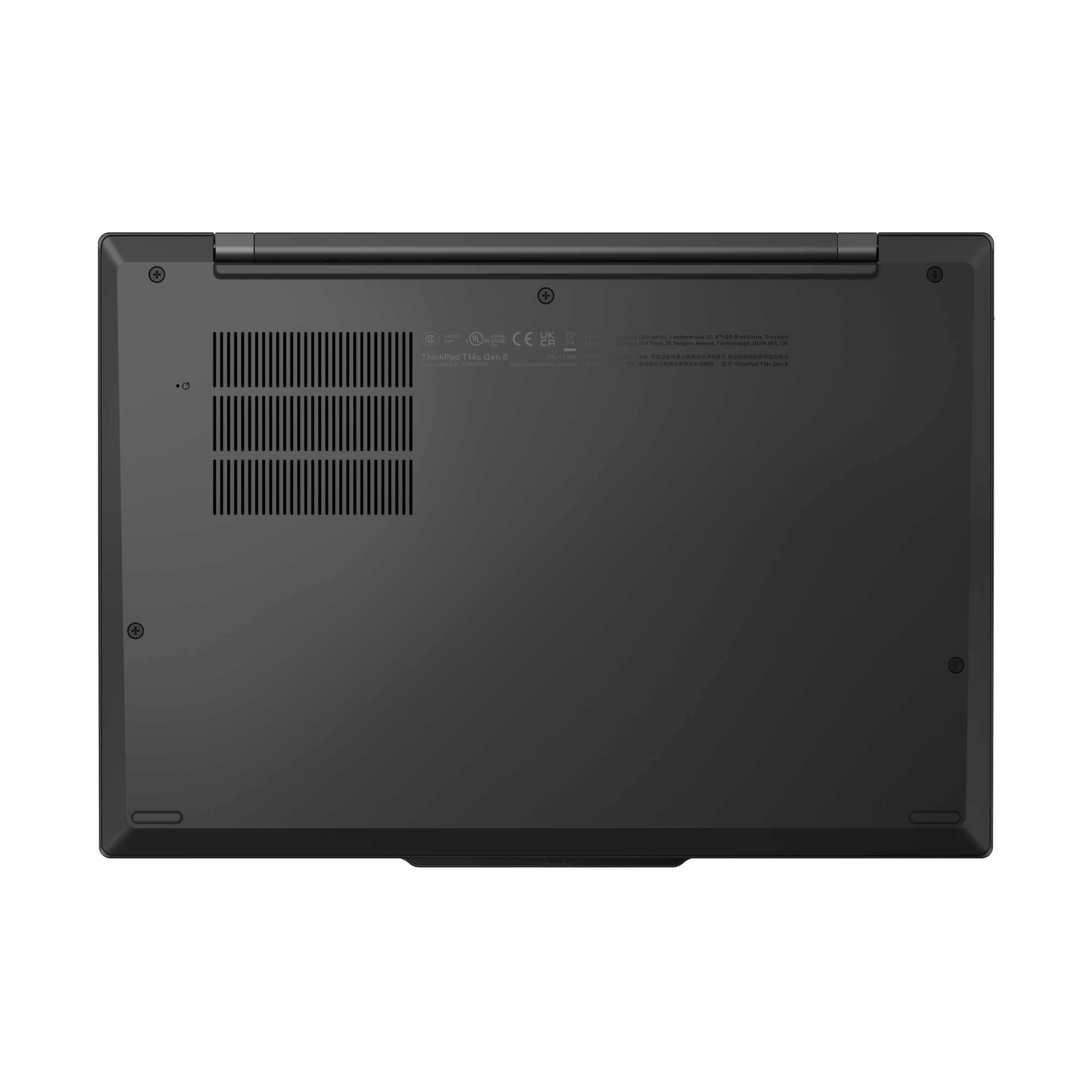 Unteransicht eines schwarzen Lenovo ThinkPad T14s Gen 6 Laptops mit Lüftungsschlitzen, Logos und Text auf schwarzem Hintergrund.