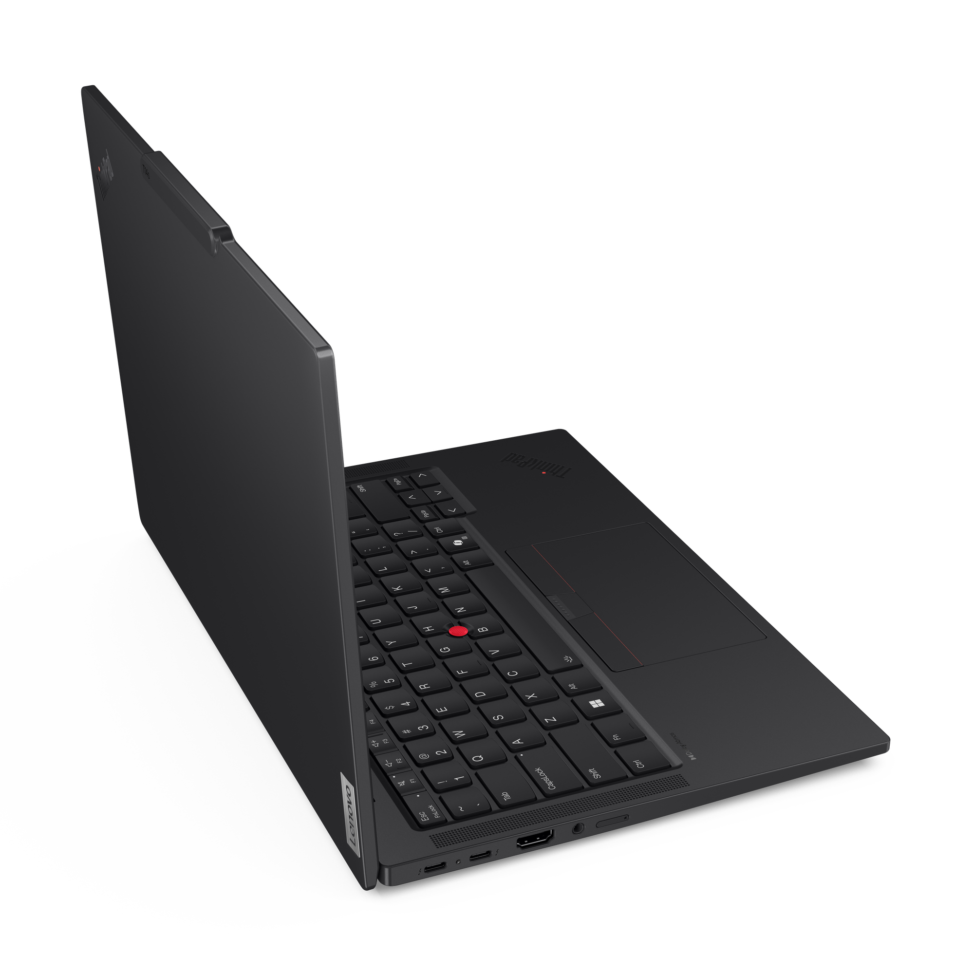 Ein schwarzes Lenovo ThinkPad-Laptop ist leicht geöffnet auf schwarzem Hintergrund. Tastatur und Touchpad sind sichtbar.