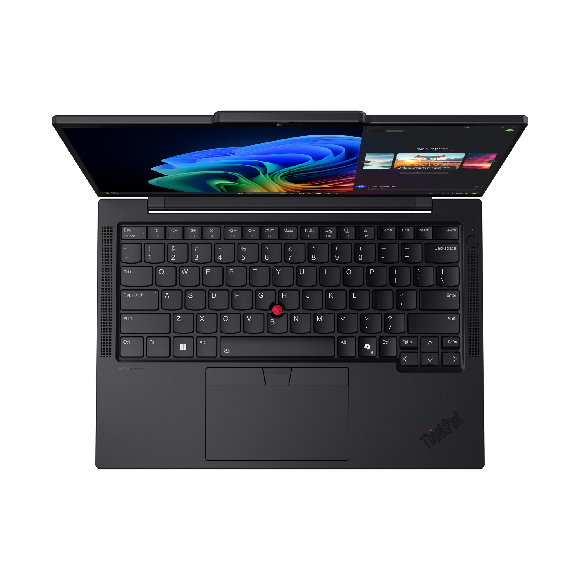 Schwarzer ThinkPad-Laptop, geöffnet, Tastatur und Bildschirm zeigend. Der Bildschirm zeigt ein farbenfrohes abstraktes Bild.