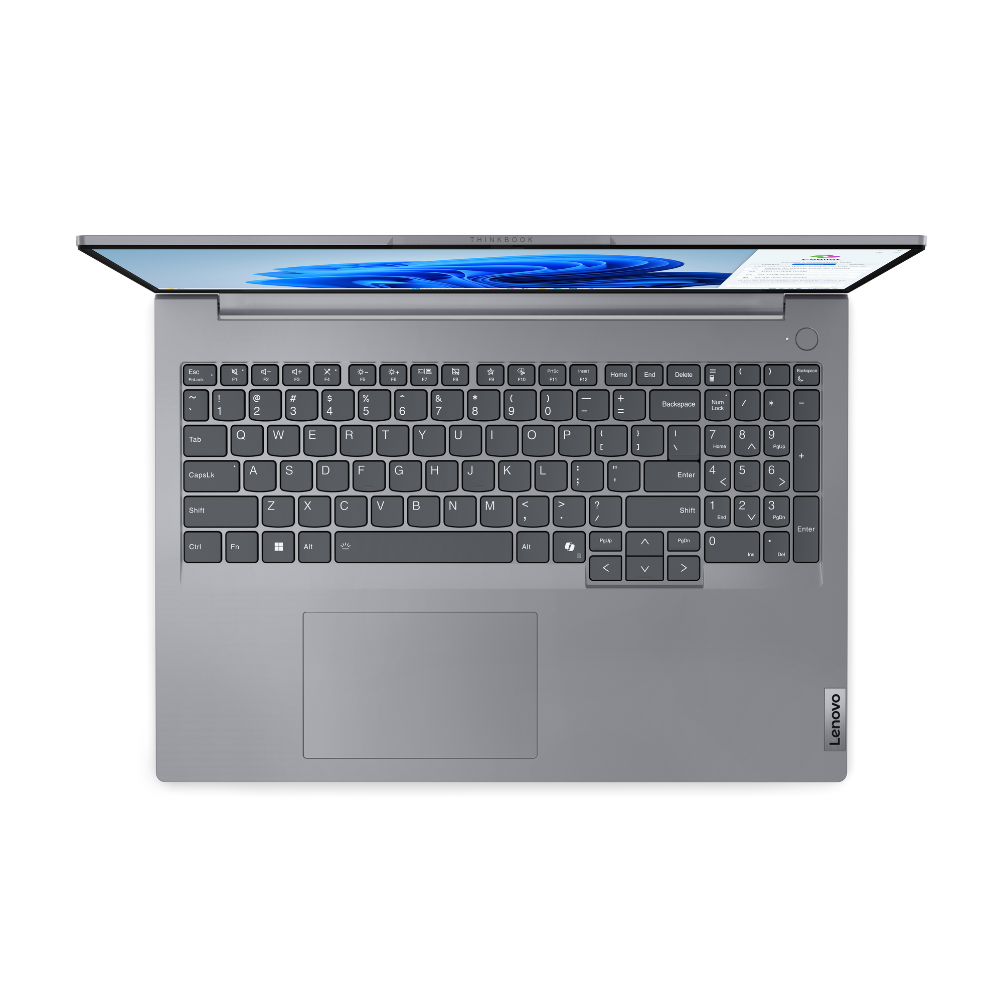 Widok z góry na laptopa ThinkBook, otwarty z widoczną klawiaturą. Ekran wyświetla pulpit. Logo Lenovo po prawej.