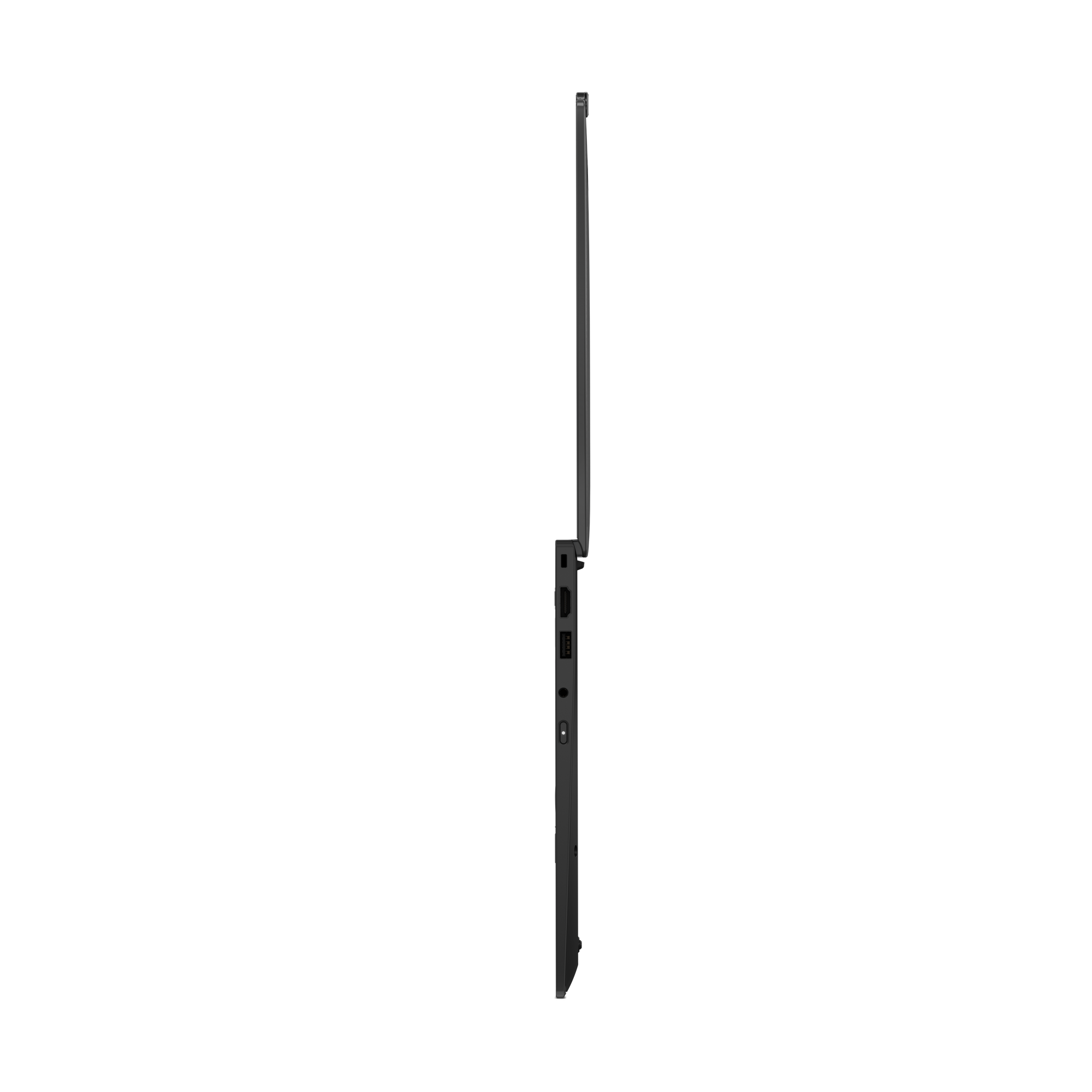 Seitenansicht eines schwarzen Laptops. Anschlüsse sind sichtbar. Der Bildschirm ist geschlossen. Der Hintergrund ist schwarz.