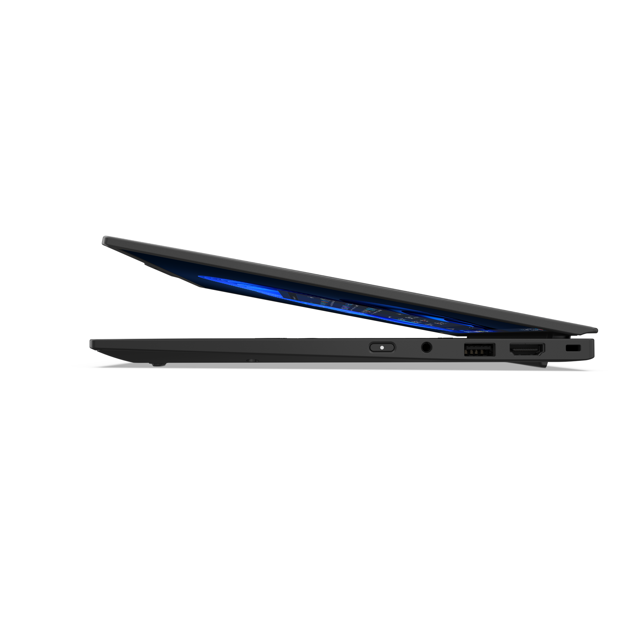 Ein schwarzer Laptop, teilweise geöffnet, zeigt einen Bildschirm mit blauen und weißen Elementen auf schwarzem Grund.