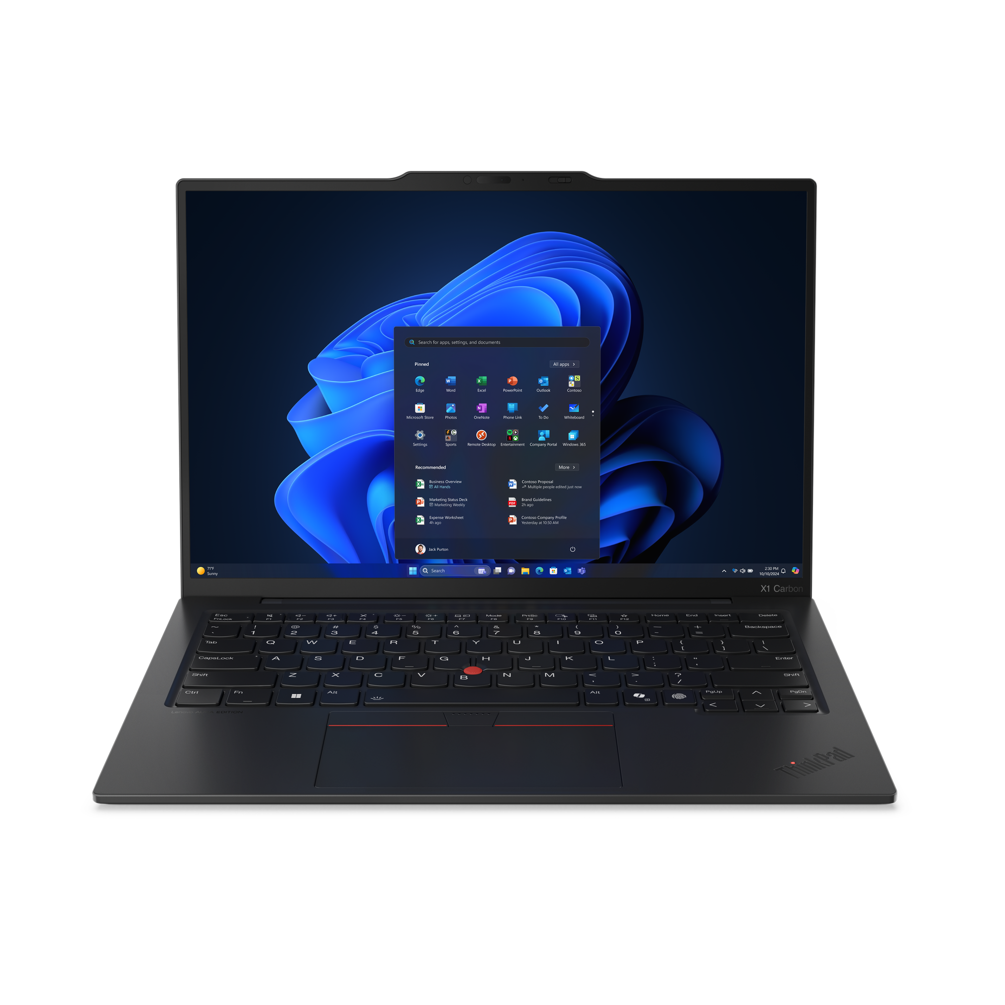 Ein schwarzer Laptop zeigt die Windows 11-Oberfläche. Die Tastatur ist sichtbar. Der Hintergrund ist schwarz.