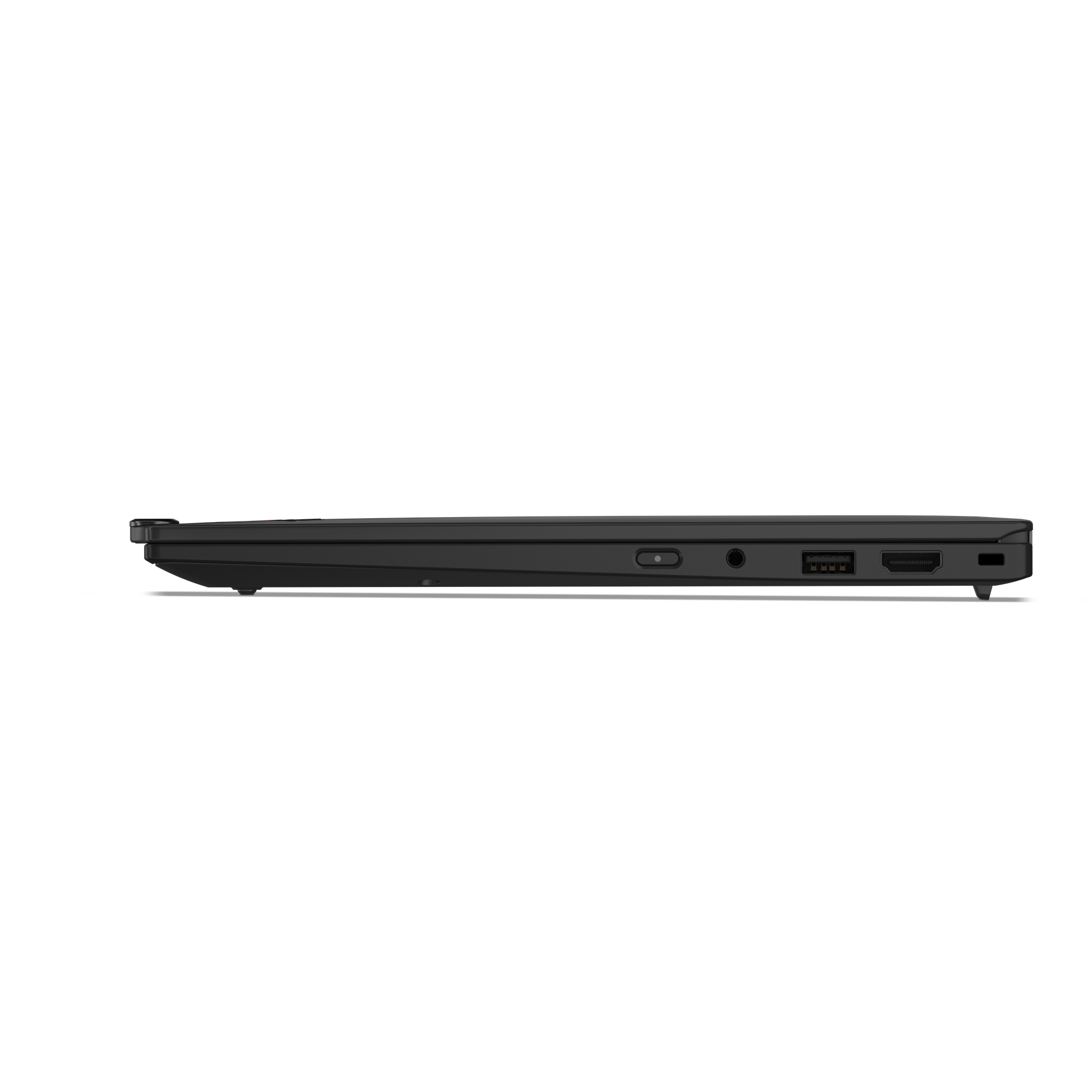 Seitenprofil eines schwarzen Laptops. Sichtbar sind Anschlüsse, darunter USB, HDMI und Audio. Der Hintergrund ist schwarz.