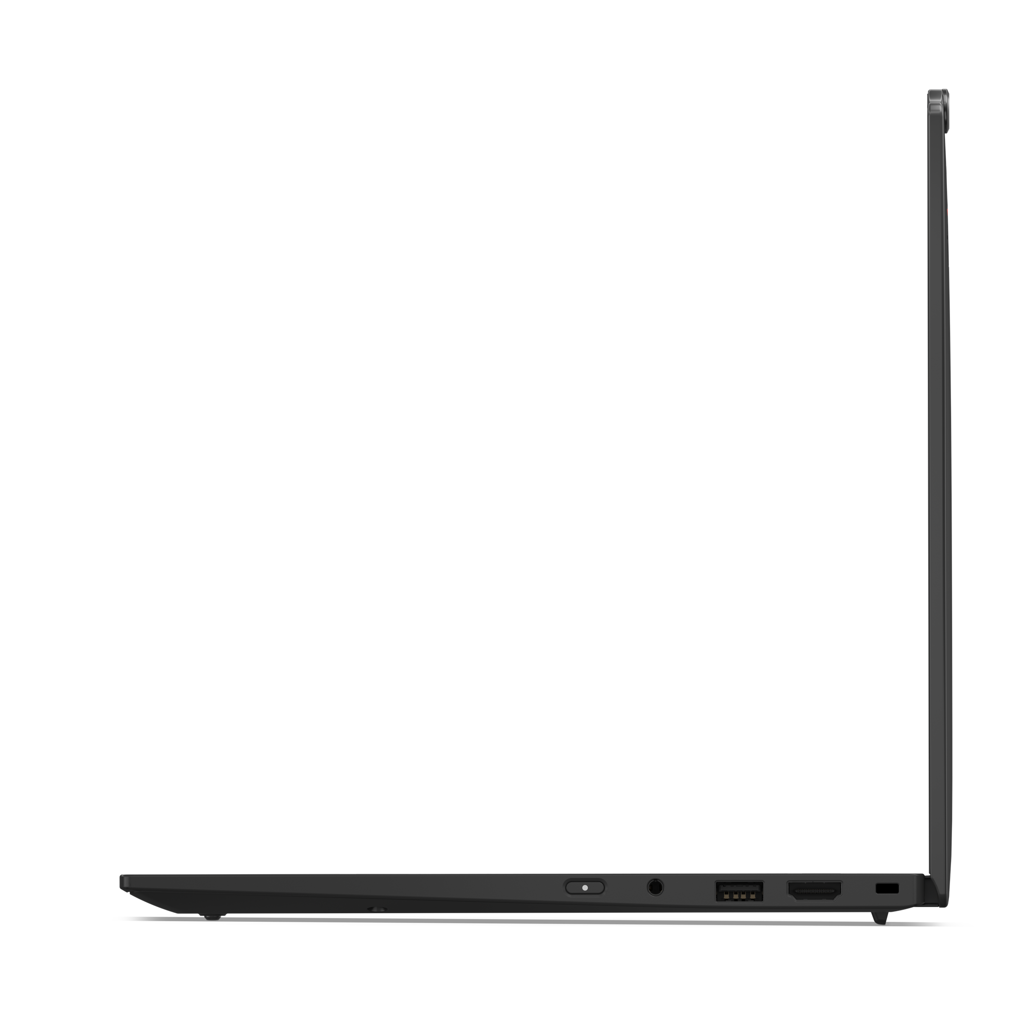 Seitenansicht eines schwarzen Laptops. Sichtbare Anschlüsse sind USB, HDMI und Strom. Der Bildschirm ist geschlossen.