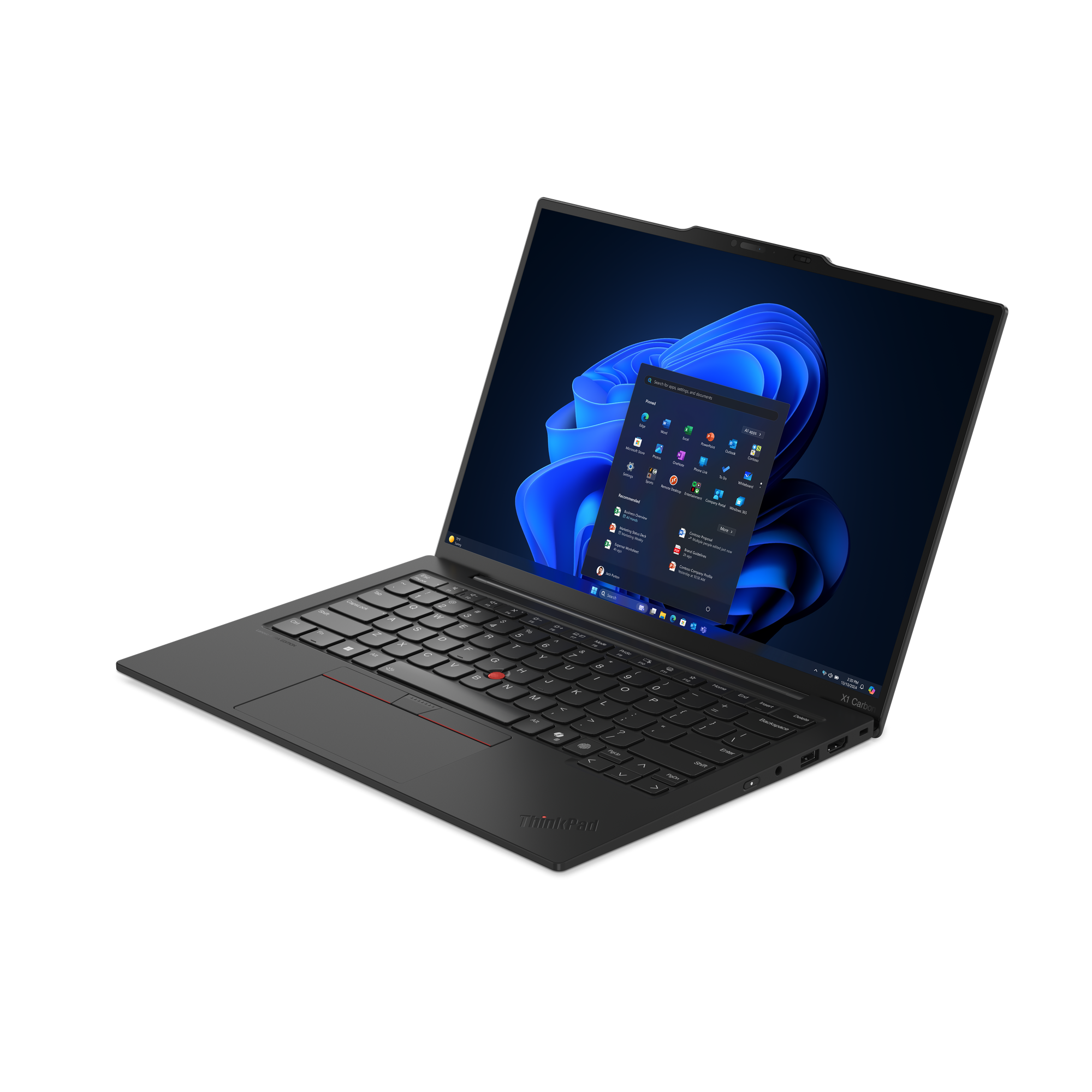 Ein schwarzes ThinkPad-Laptop ist geöffnet und zeigt eine Windows 11-Oberfläche. Der Hintergrund ist schwarz.