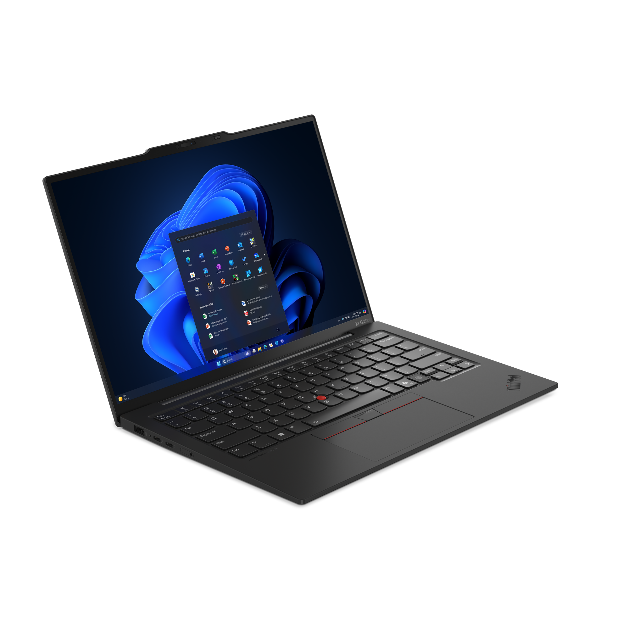Ein schwarzer Laptop ist geöffnet und zeigt eine Windows-Oberfläche mit App-Symbolen. Der Laptop steht auf einer schwarzen Oberfläche.