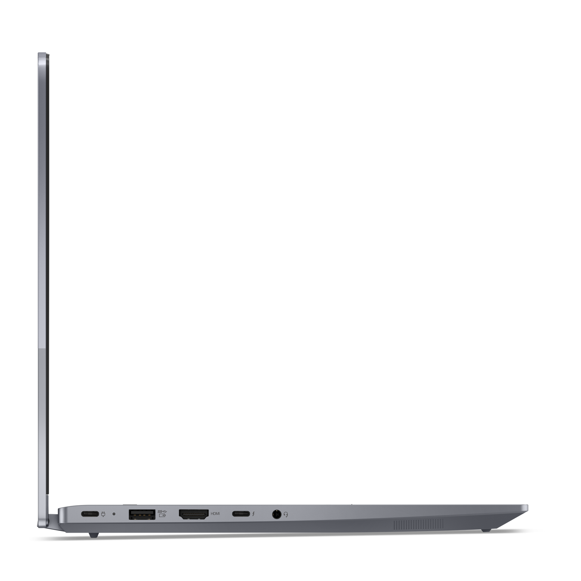 Seitenansicht eines Laptops mit grauem Gehäuse und schwarzem Hintergrund. Der Bildschirm ist offen.