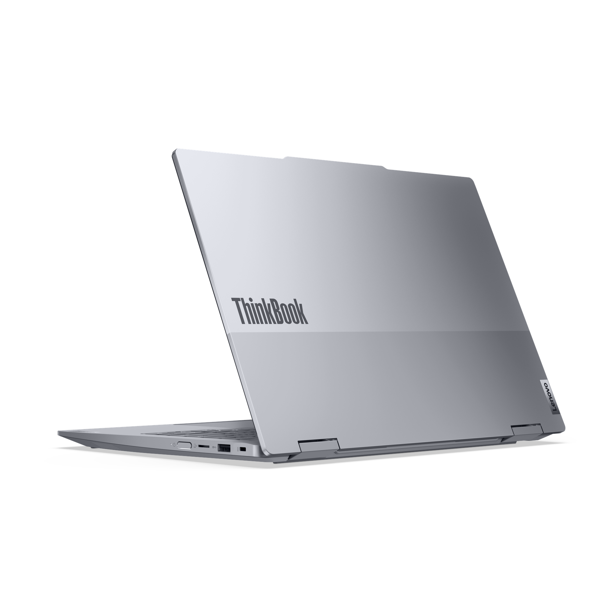 Ein silberner Lenovo ThinkBook-Laptop ist geöffnet. Das ThinkBook-Logo ist sichtbar. Der Hintergrund ist schwarz.