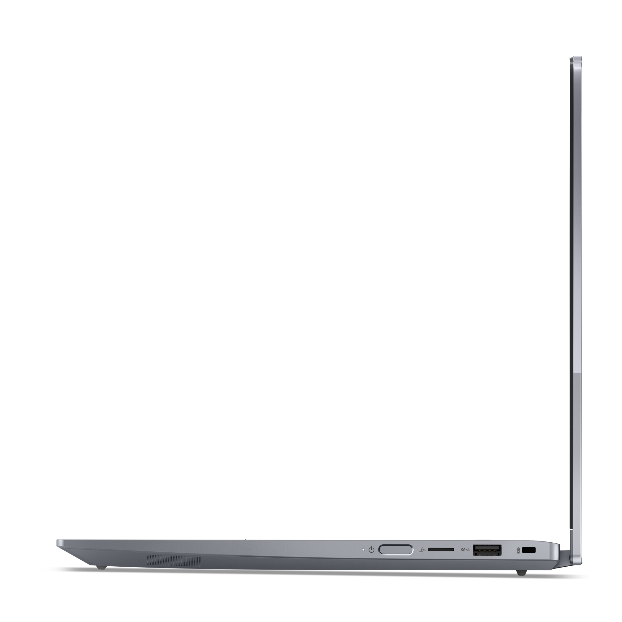 Seitenansicht eines grauen Laptops. Er ist geöffnet. Anschlüsse und Power-Taste sind sichtbar. Der Hintergrund ist schwarz.