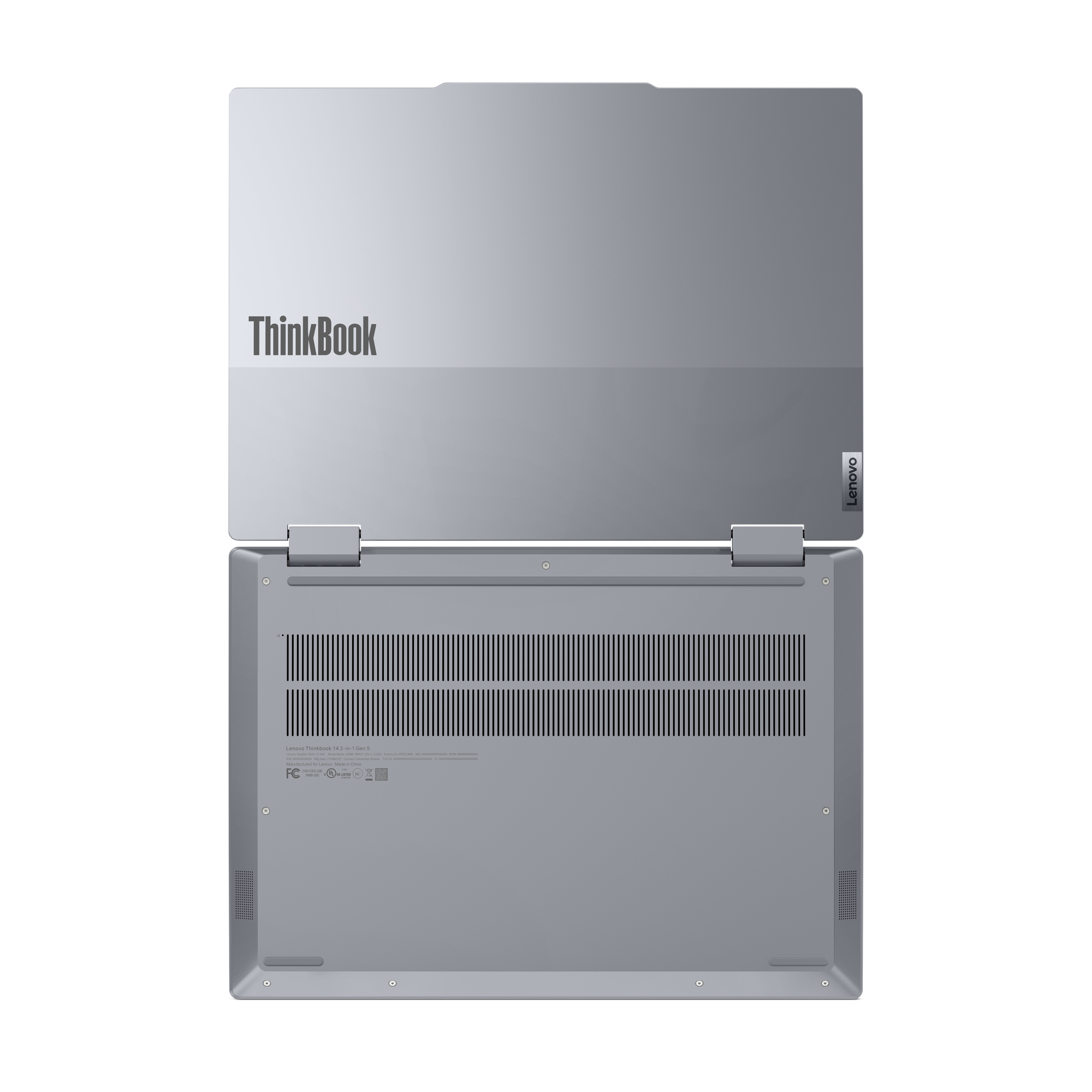 Ein silbernes Lenovo ThinkBook-Laptop, geöffnet. Das ThinkBook-Logo ist sichtbar. Der Hintergrund ist schwarz.