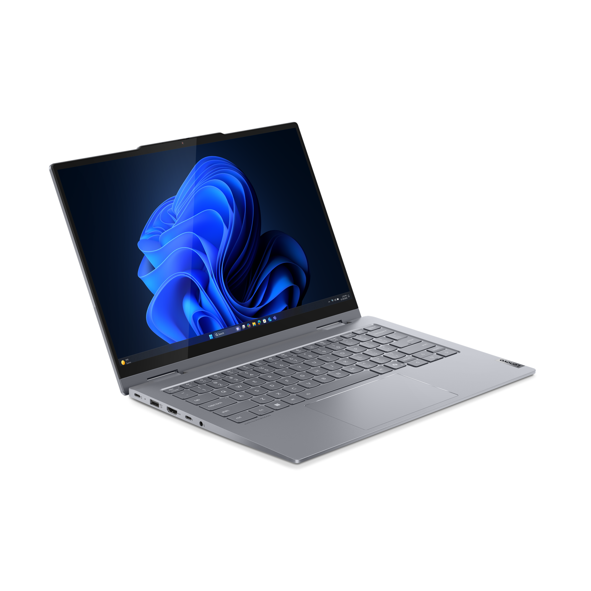 Ein silberner Laptop ist geöffnet und zeigt einen blauen abstrakten Hintergrund. Die Tastatur ist sichtbar, und der Bildschirm ist abgewinkelt.