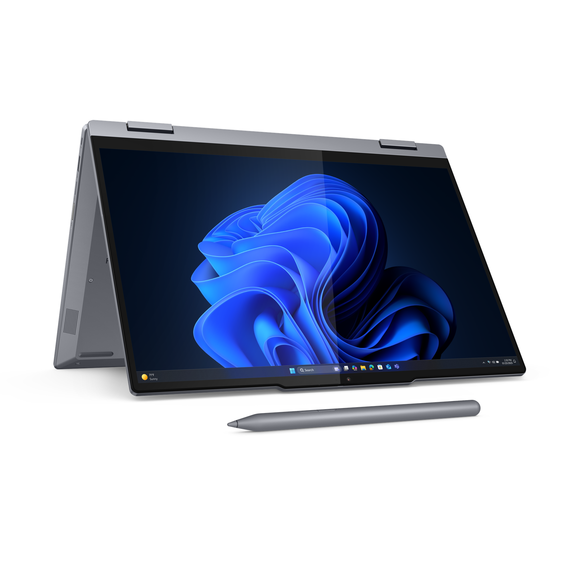 Ein silberner Laptop ist geöffnet und zeigt ein blaues abstraktes Bild. Ein Stift liegt darunter. Schwarzer Hintergrund.