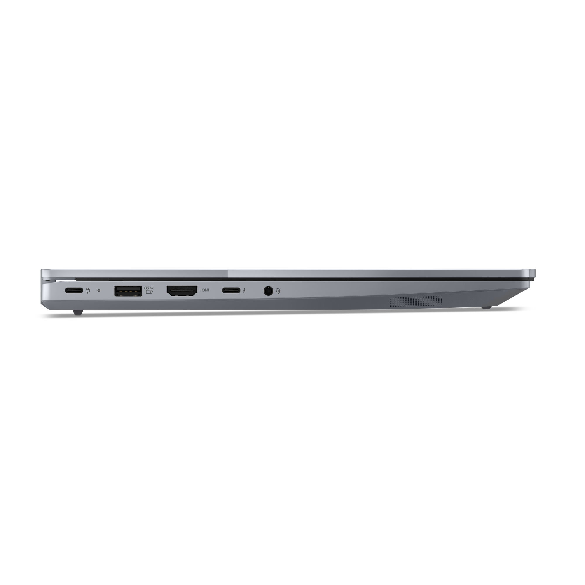 Seitenansicht eines grauen Laptops vor schwarzem Hintergrund. Anschlüsse sind sichtbar.