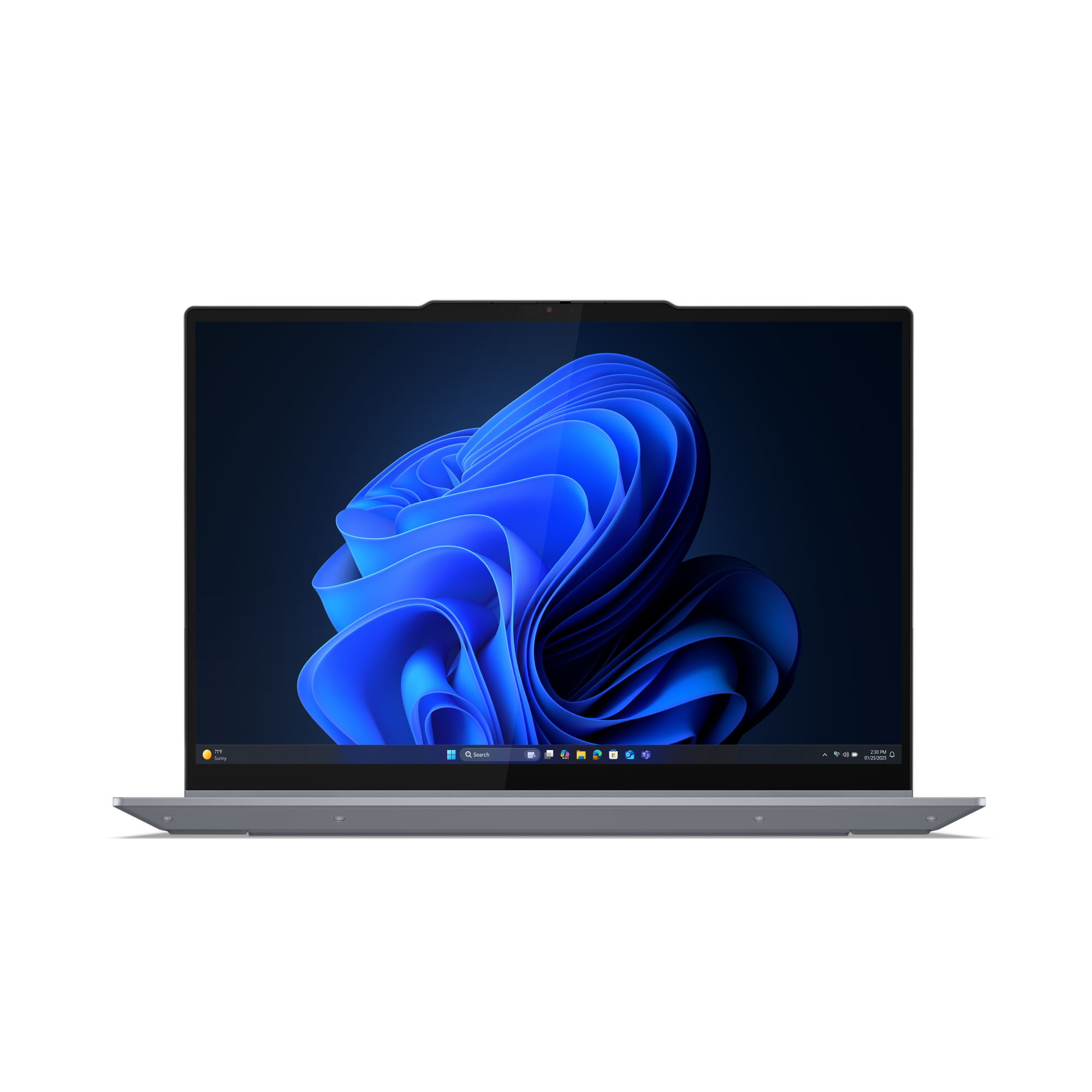 Ein silberner Laptop zeigt ein blaues abstraktes Design auf dem Bildschirm. Schwarzer Hintergrund. Der Bildschirm zeigt die Windows 11 Oberfläche.