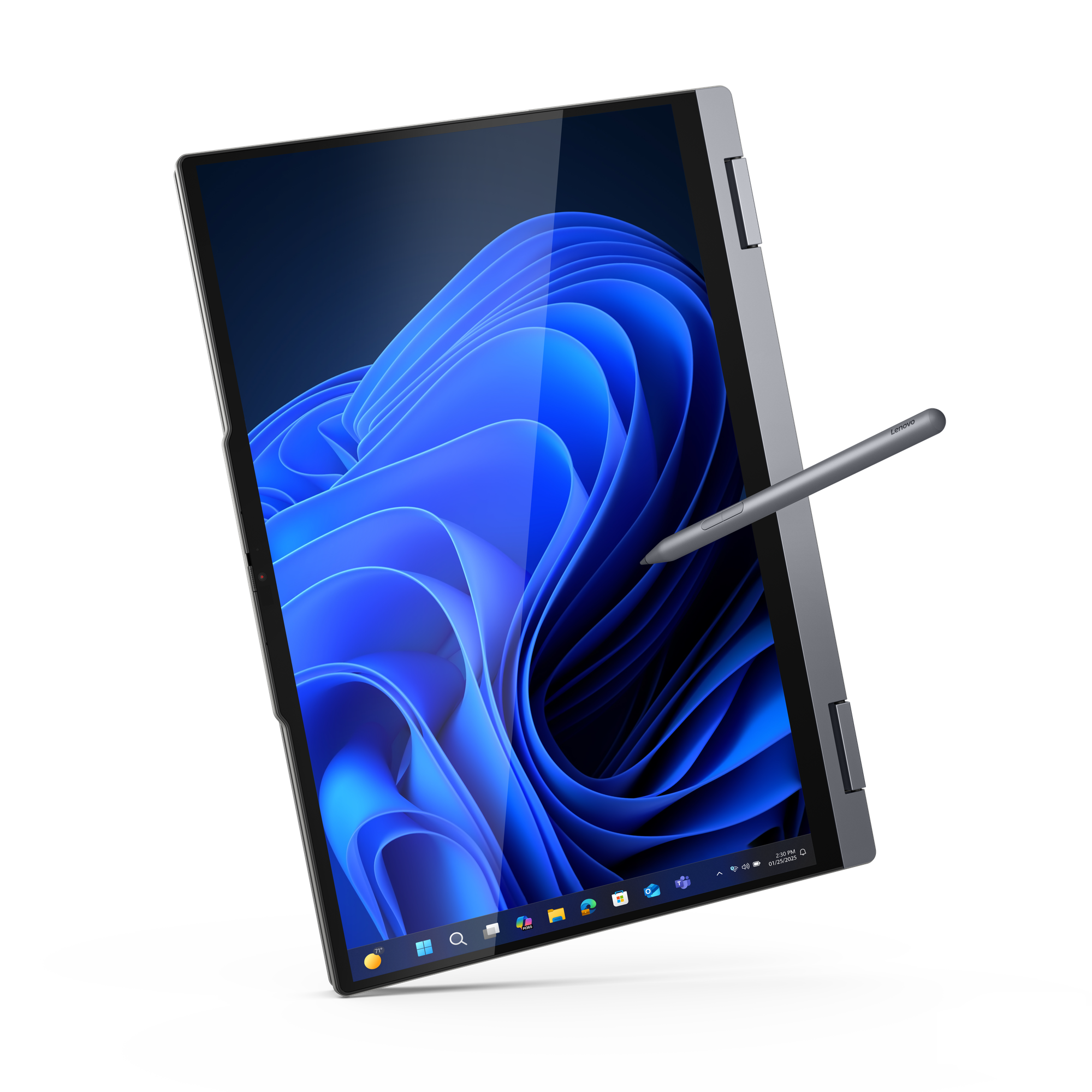 Ein silberner Laptop mit Stift. Der Bildschirm zeigt einen blauen abstrakten Hintergrund. Der Laptop ist auf schwarzem Grund.