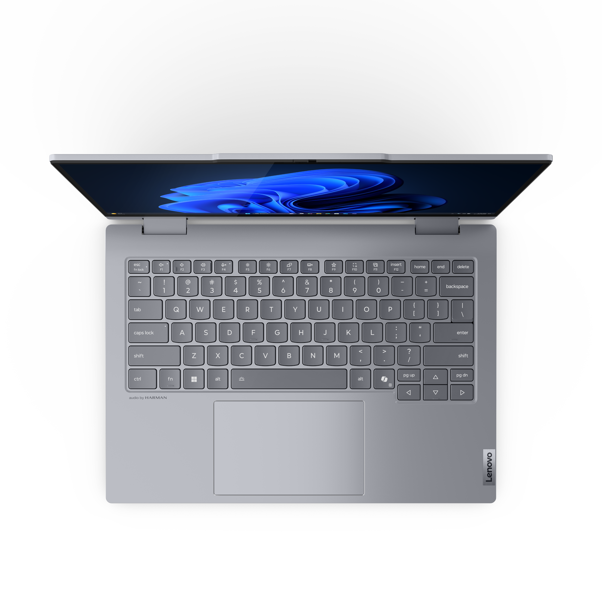 Ein Lenovo-Laptop ist geöffnet und zeigt ein blaues, abstraktes Hintergrundbild. Die Tastatur ist sichtbar, auf schwarzem Hintergrund.