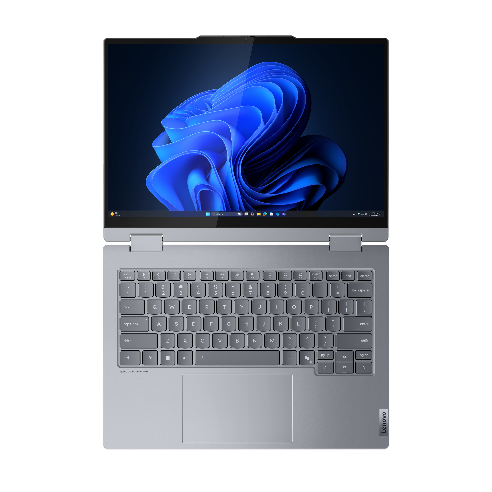 Ein silberner Lenovo-Laptop ist geöffnet. Der Bildschirm zeigt ein blaues abstraktes Design. Die Tastatur ist sichtbar. Der Hintergrund ist schwarz.